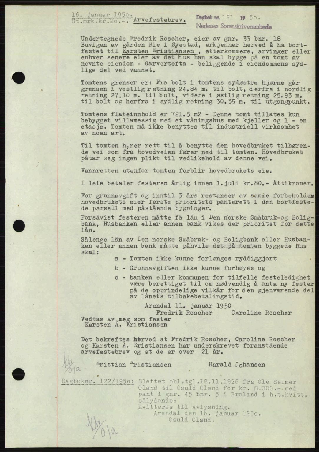 Nedenes sorenskriveri, AV/SAK-1221-0006/G/Gb/Gba/L0062: Mortgage book no. A14, 1949-1950, Diary no: : 121/1950