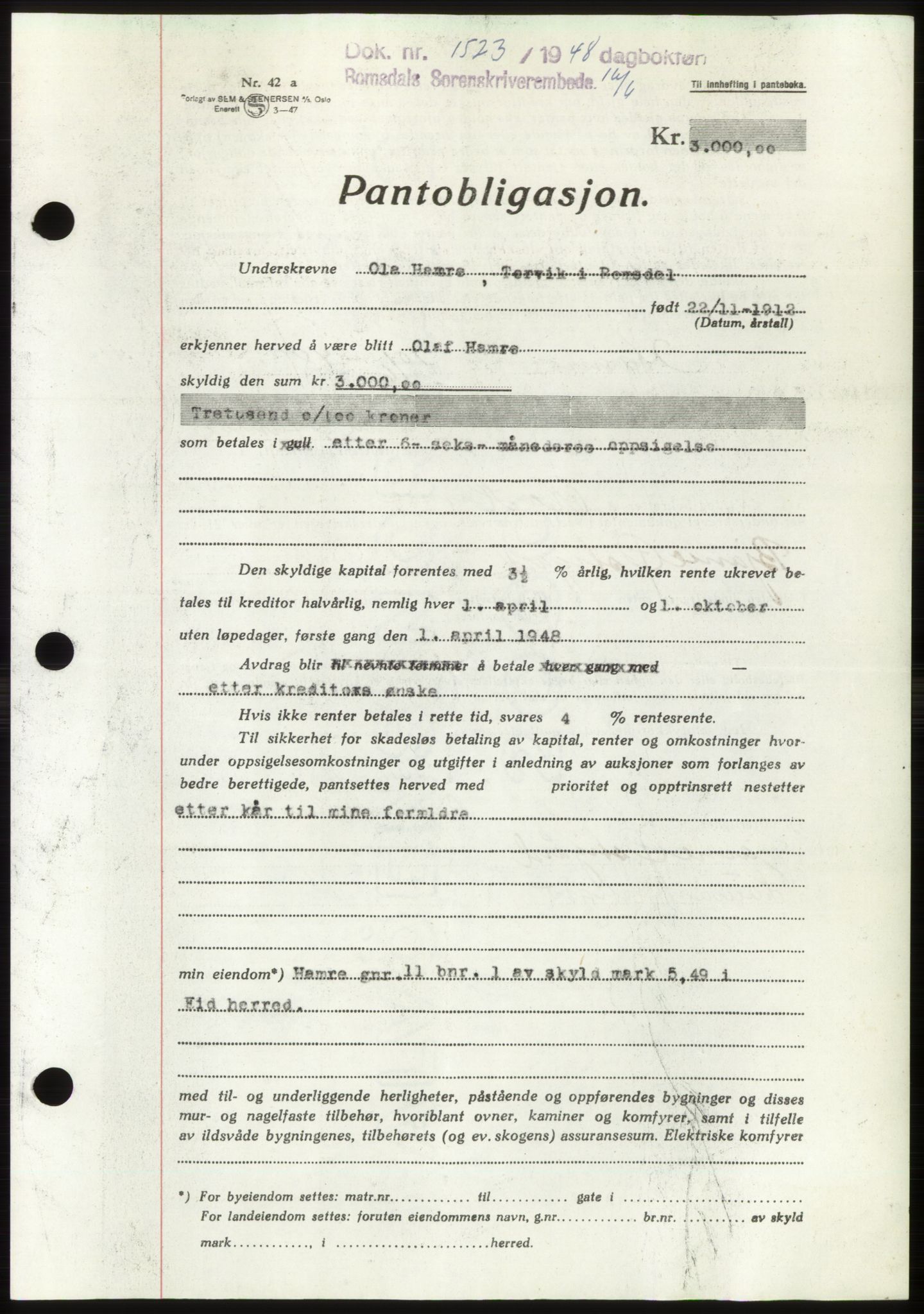 Romsdal sorenskriveri, AV/SAT-A-4149/1/2/2C: Mortgage book no. B4, 1948-1949, Diary no: : 1523/1948