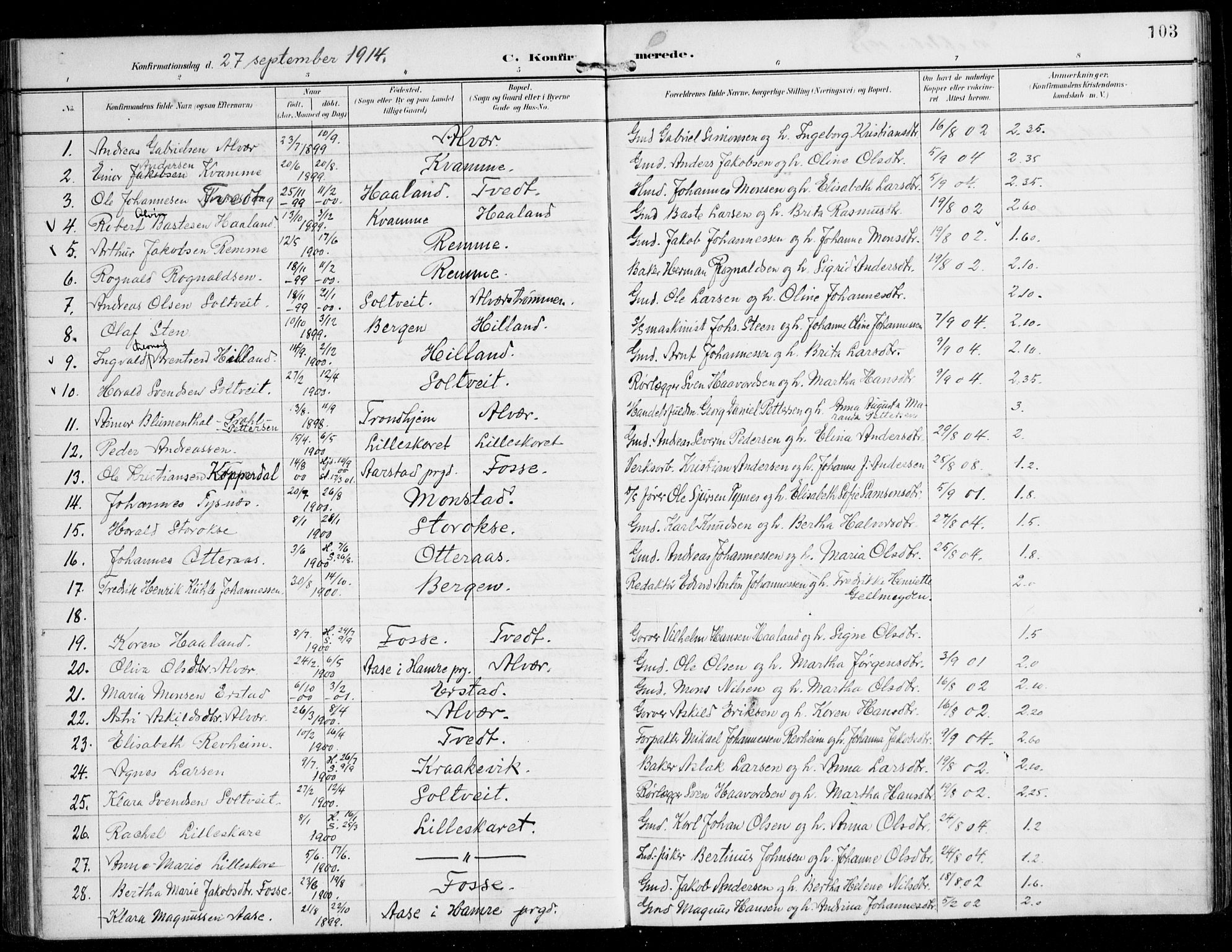 Alversund Sokneprestembete, AV/SAB-A-73901/H/Ha/Haa/Haaa/L0003: Parish register (official) no. A 3, 1897-1926, p. 103