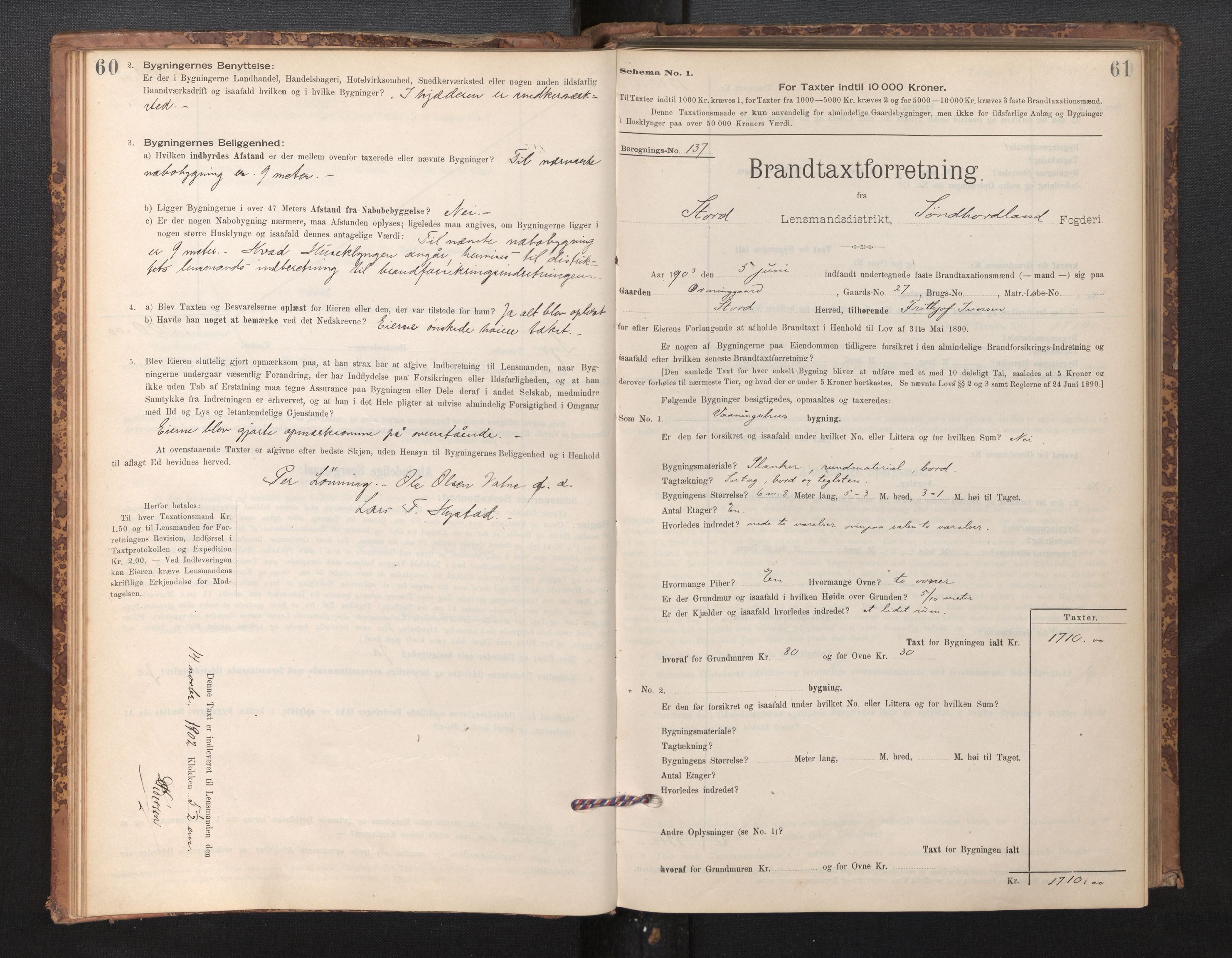Lensmannen i Stord, SAB/A-35001/0012/L0002: Branntakstprotokoll, skjematakst, 1897-1922, p. 60-61