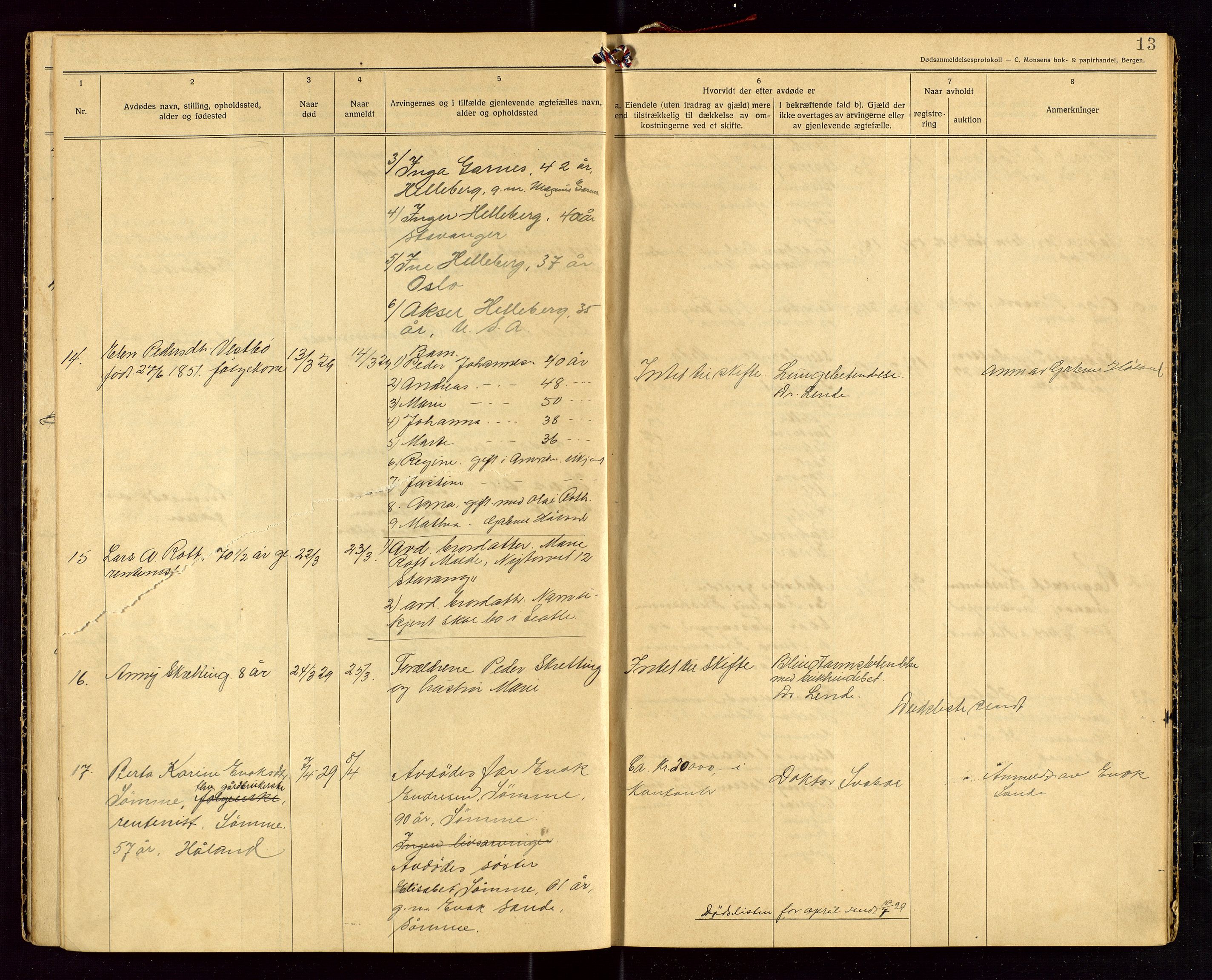 Håland lensmannskontor, AV/SAST-A-100100/Gga/L0003: "Dødsanmeldelser 1926 - 1931 for Haaland", 1926-1931, p. 13