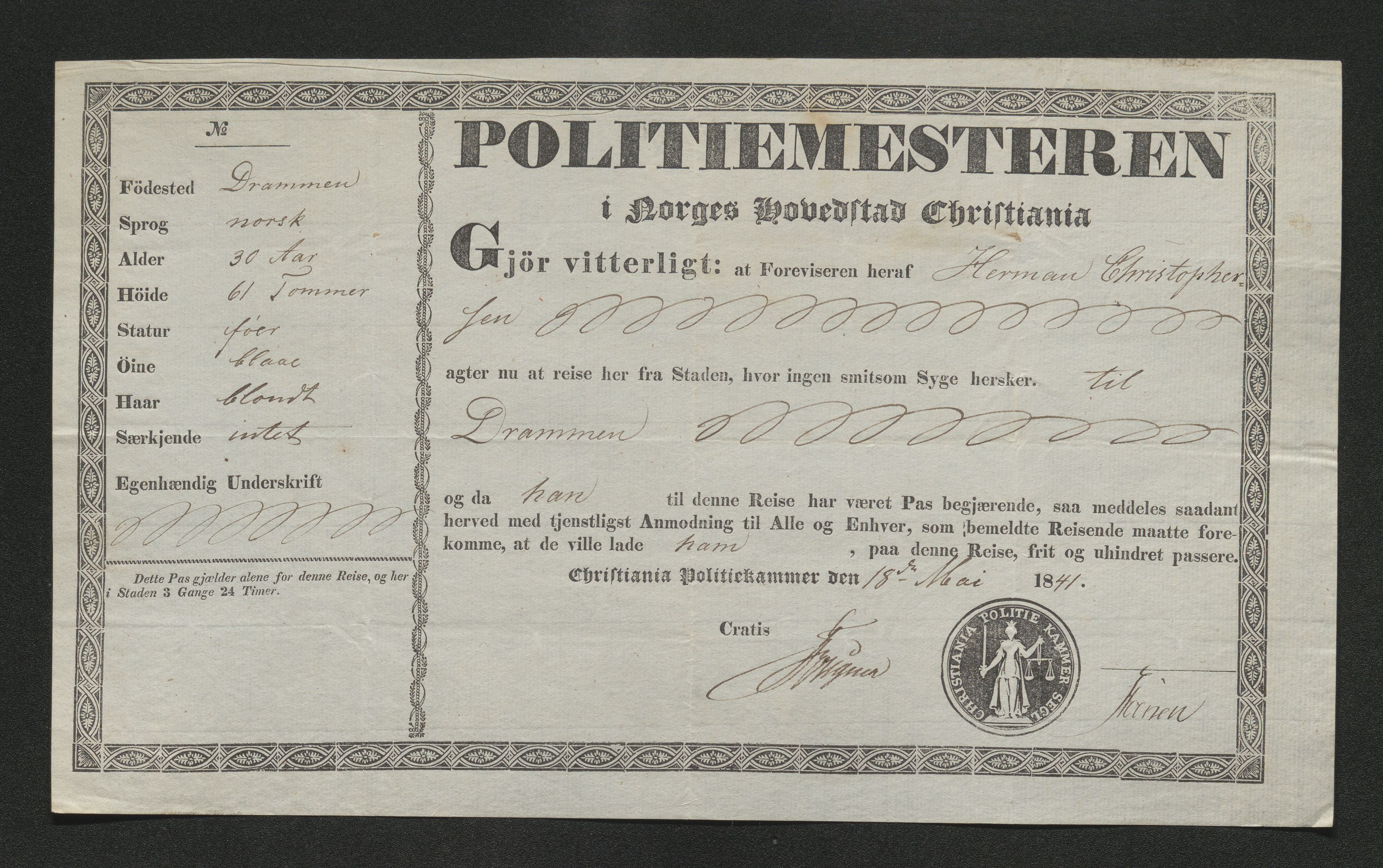 Drammen politikammer, AV/SAKO-A-623/I/Ia/Iab/L0006: Innleverte pass, 1841-1842, p. 132