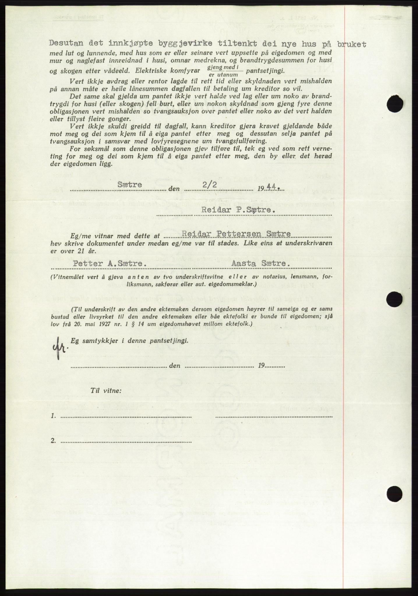 Søre Sunnmøre sorenskriveri, AV/SAT-A-4122/1/2/2C/L0114: Mortgage book no. 1-2B, 1943-1947, Diary no: : 122/1944