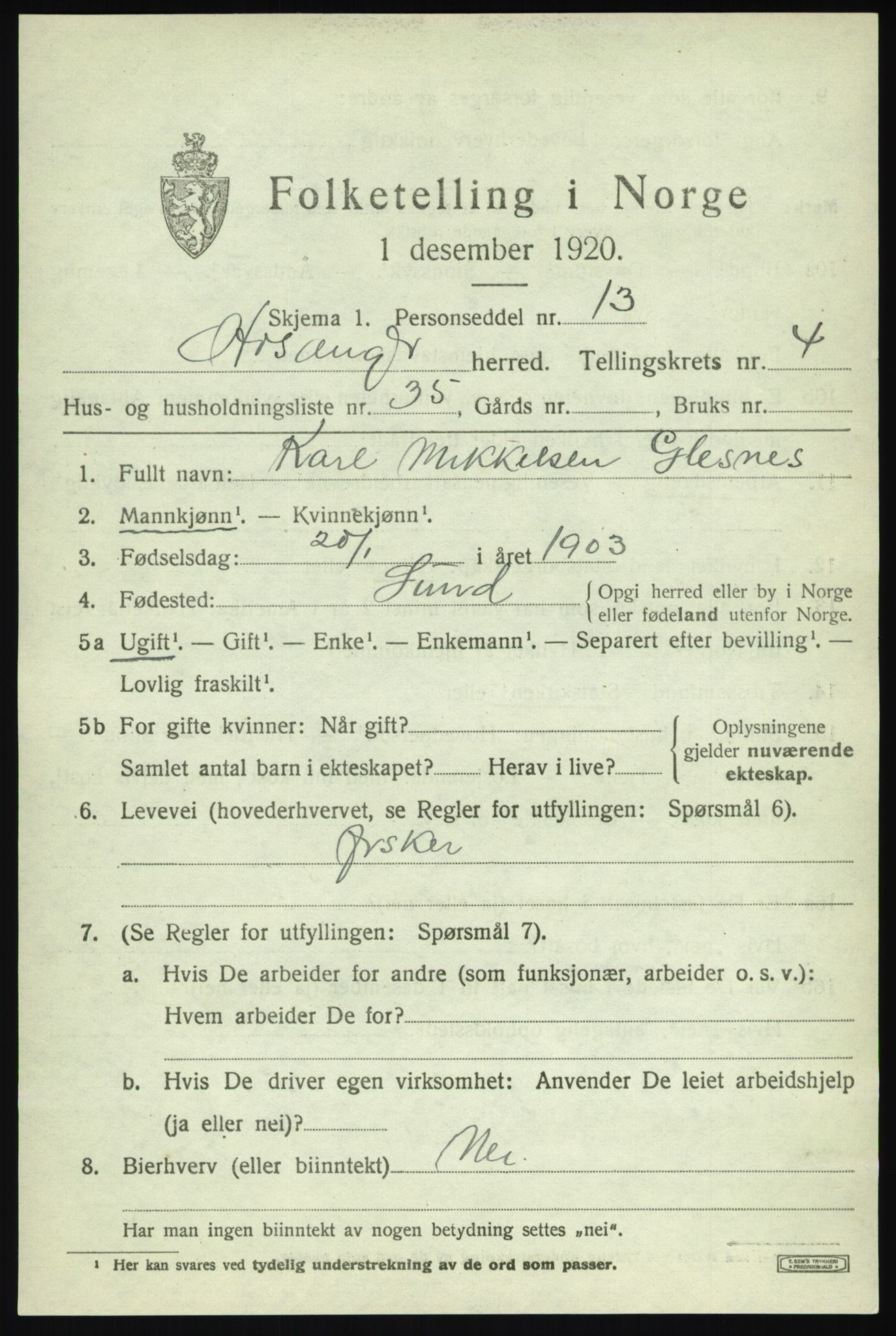 SAB, 1920 census for Hosanger, 1920, p. 2297