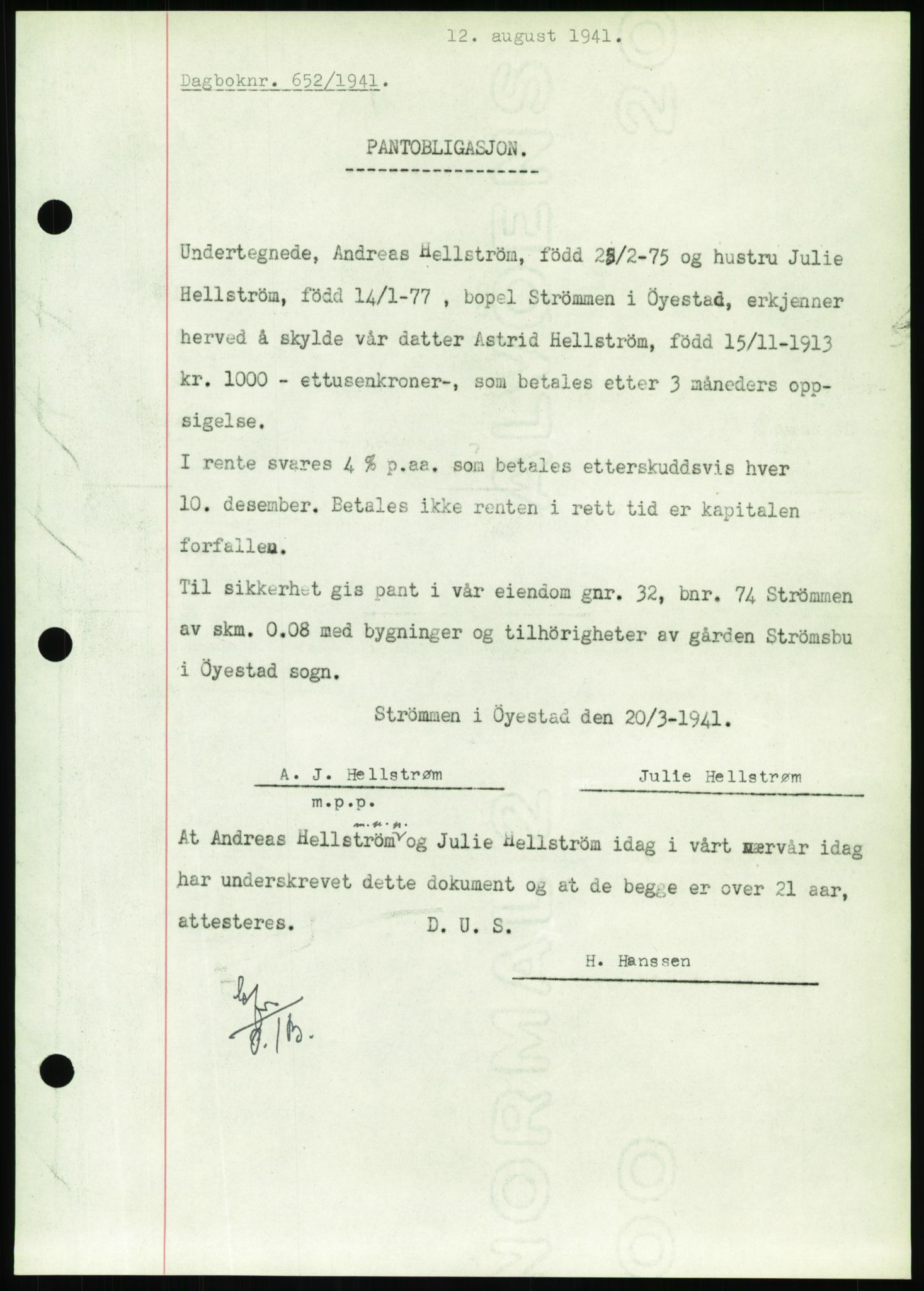 Nedenes sorenskriveri, SAK/1221-0006/G/Gb/Gbb/L0001: Mortgage book no. I, 1939-1942, Diary no: : 652/1941