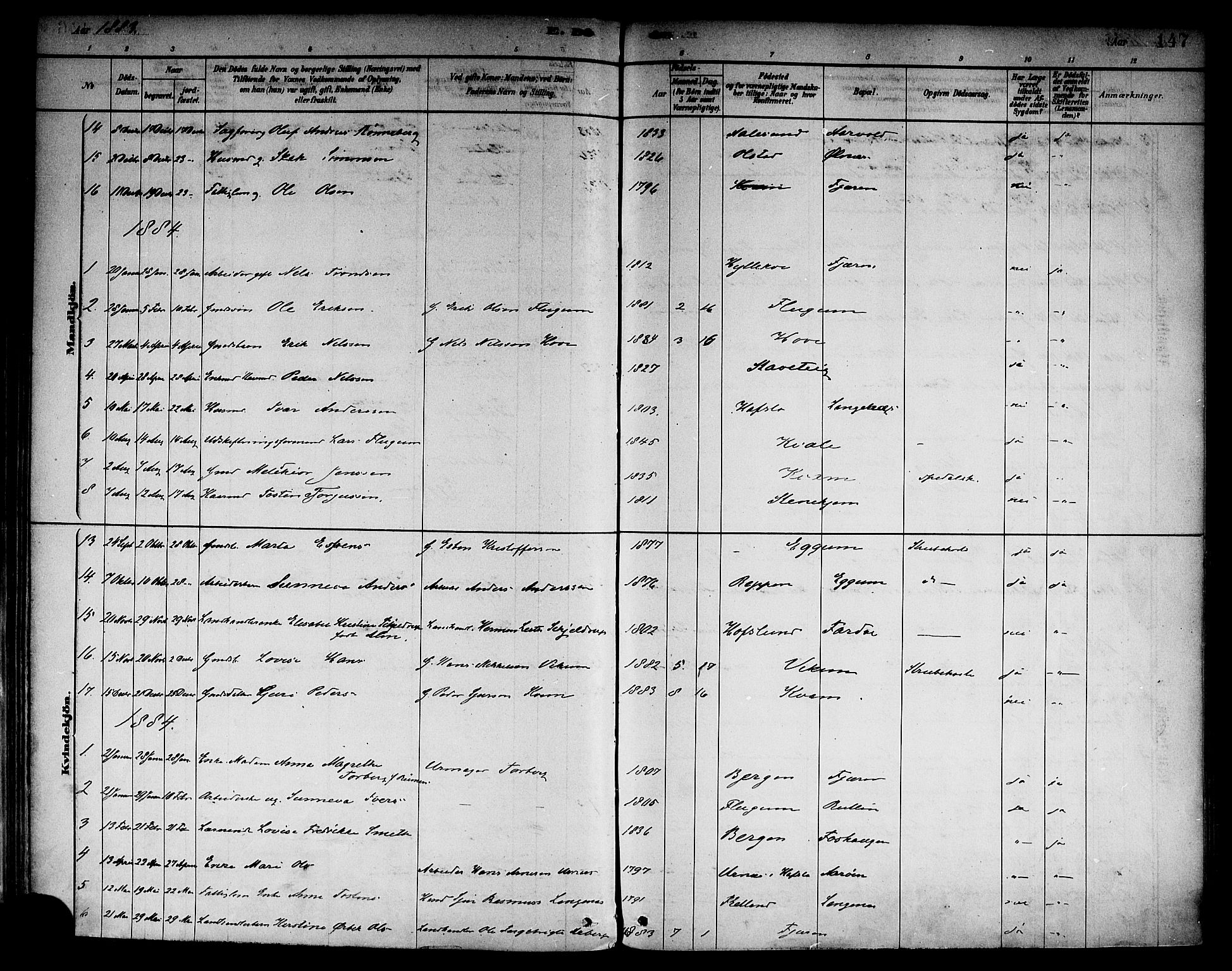 Sogndal sokneprestembete, SAB/A-81301/H/Haa/Haab/L0001: Parish register (official) no. B 1, 1878-1899, p. 147