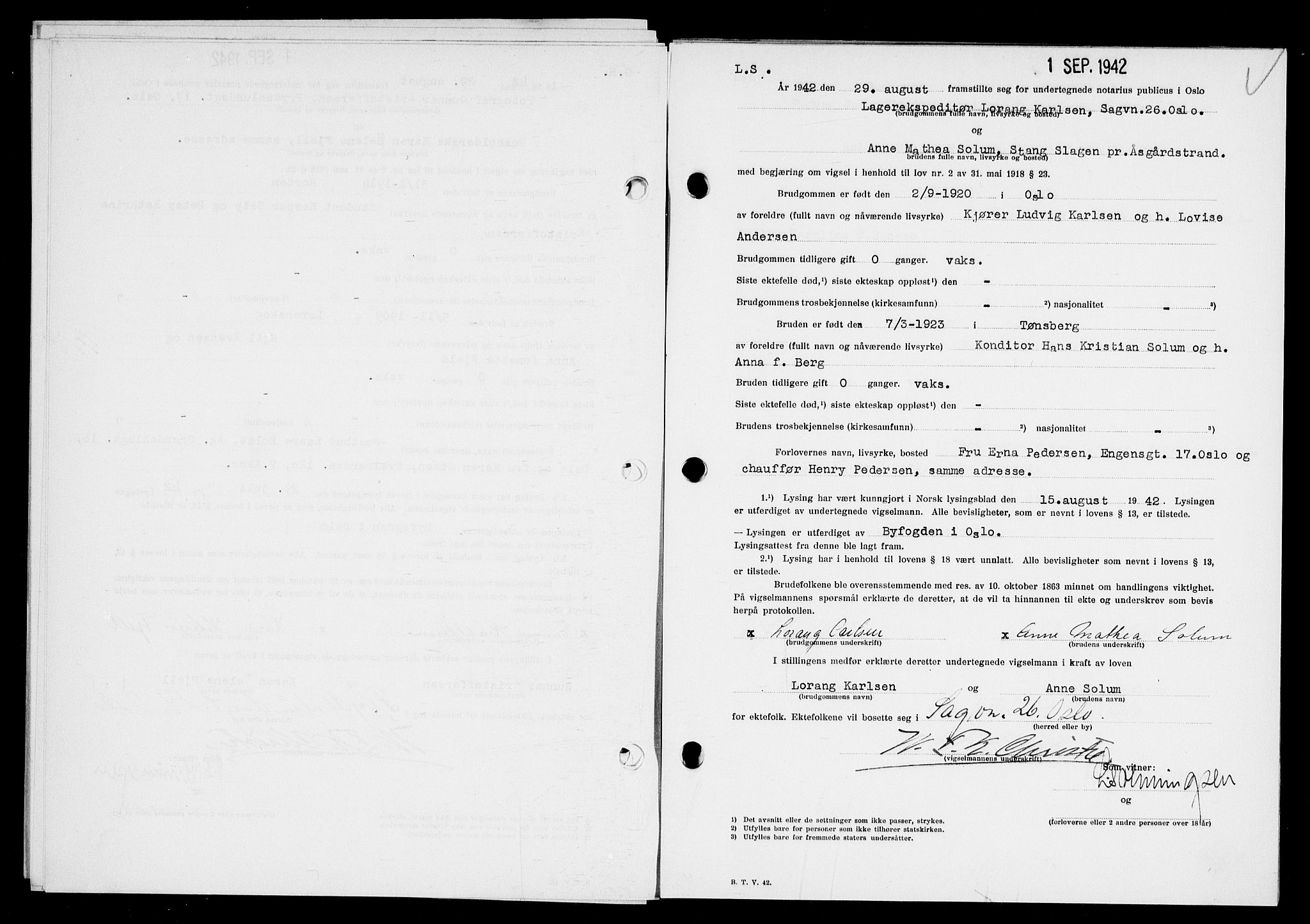 Oslo byfogd avd. I, AV/SAO-A-10220/L/Lb/Lbb/L0041: Notarialprotokoll, rekke II: Vigsler, 1942