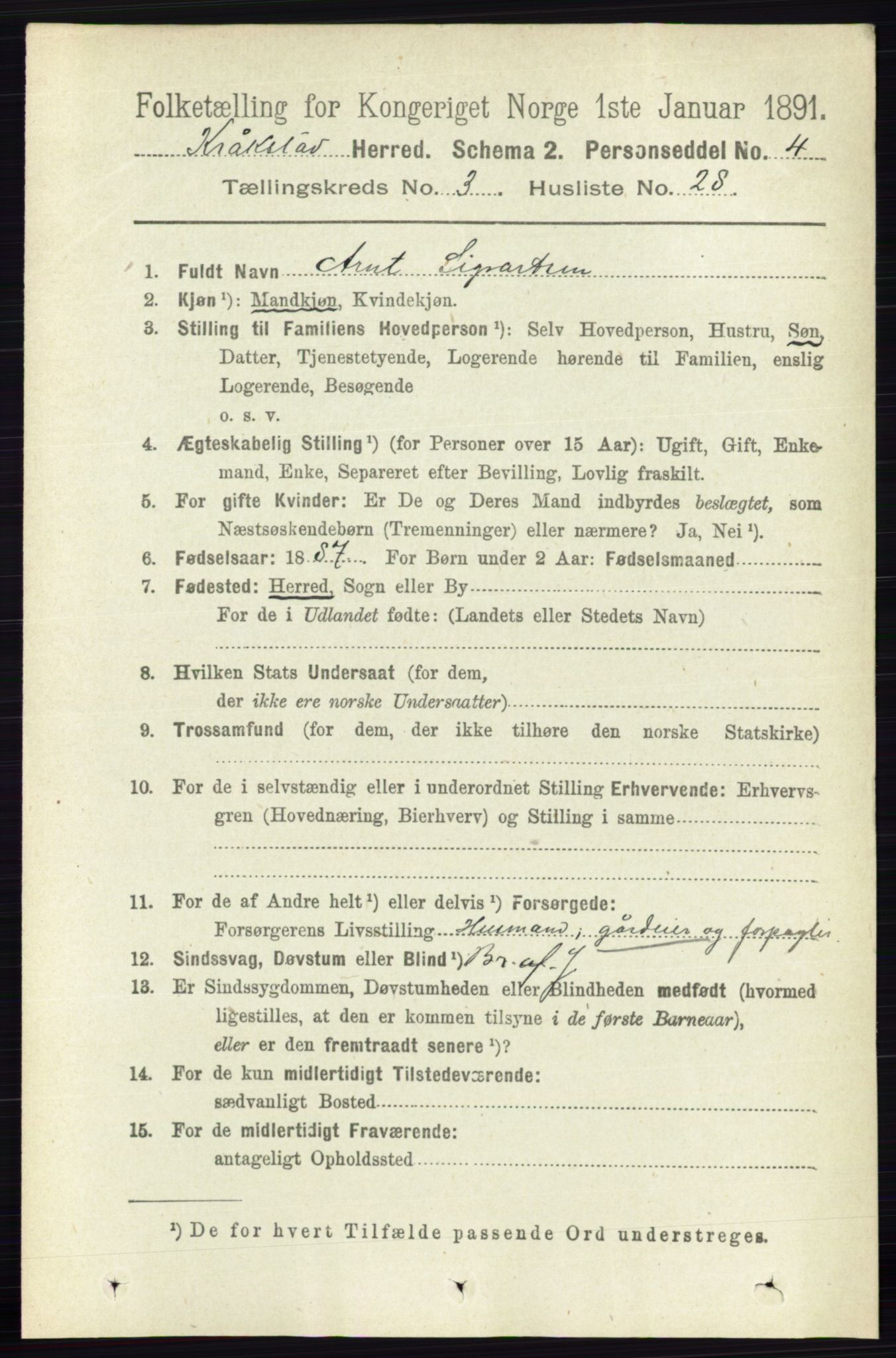 RA, 1891 census for 0212 Kråkstad, 1891, p. 1365