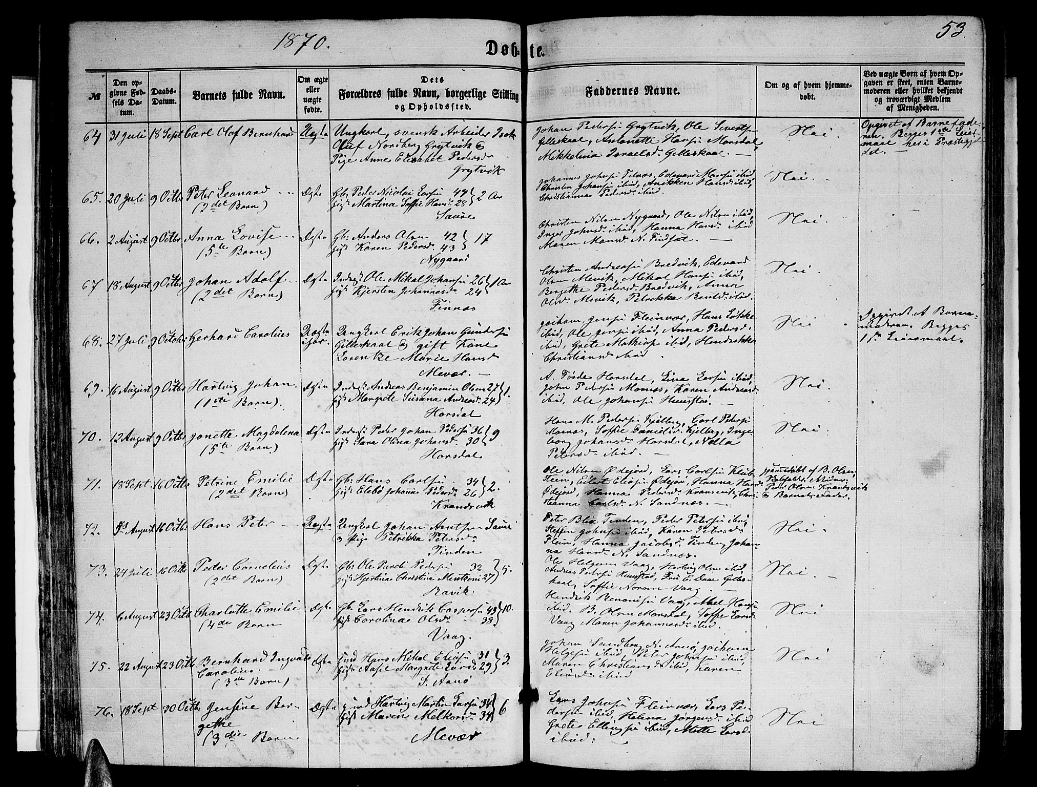 Ministerialprotokoller, klokkerbøker og fødselsregistre - Nordland, SAT/A-1459/805/L0107: Parish register (copy) no. 805C03, 1862-1885, p. 53