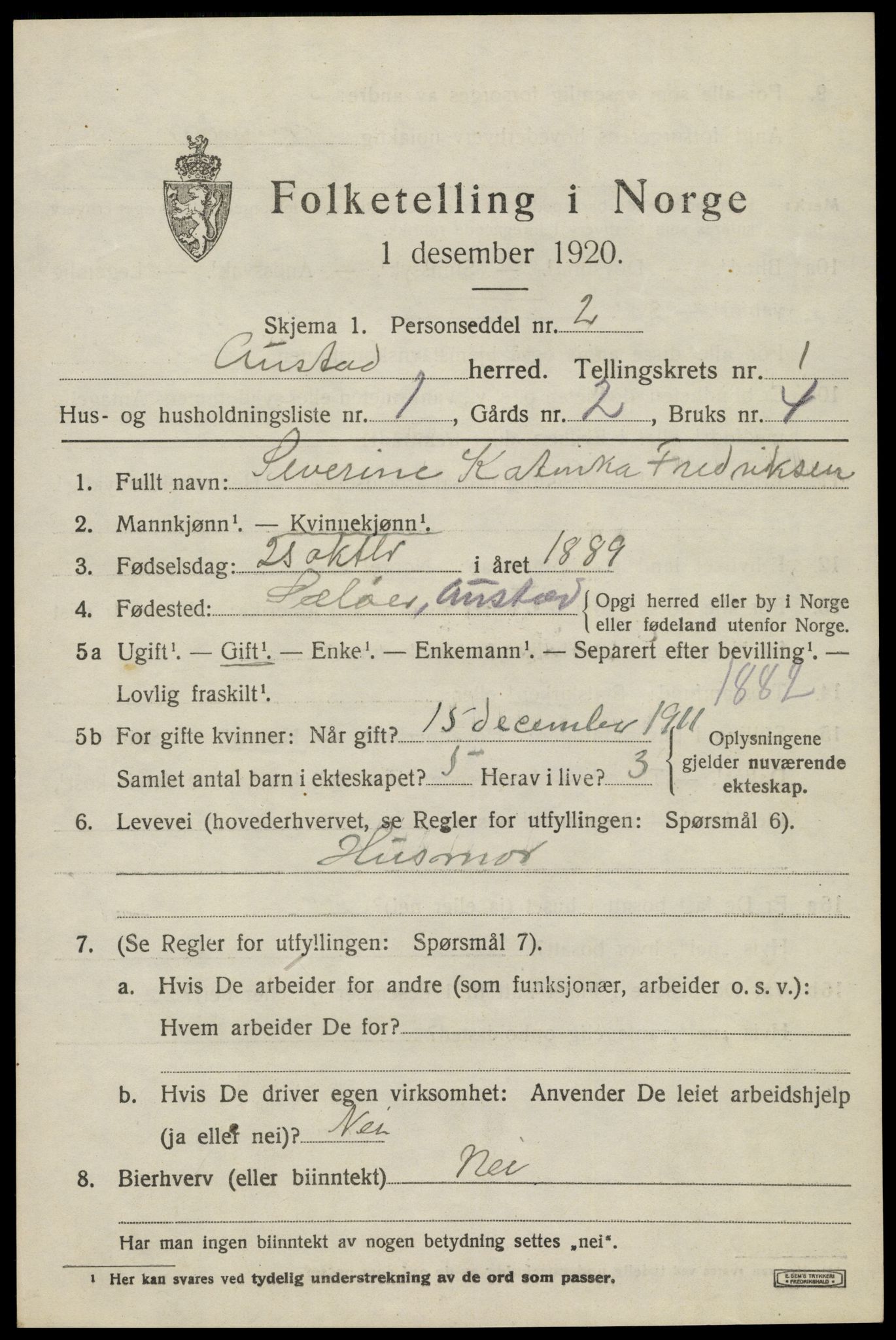 SAK, 1920 census for Austad, 1920, p. 601