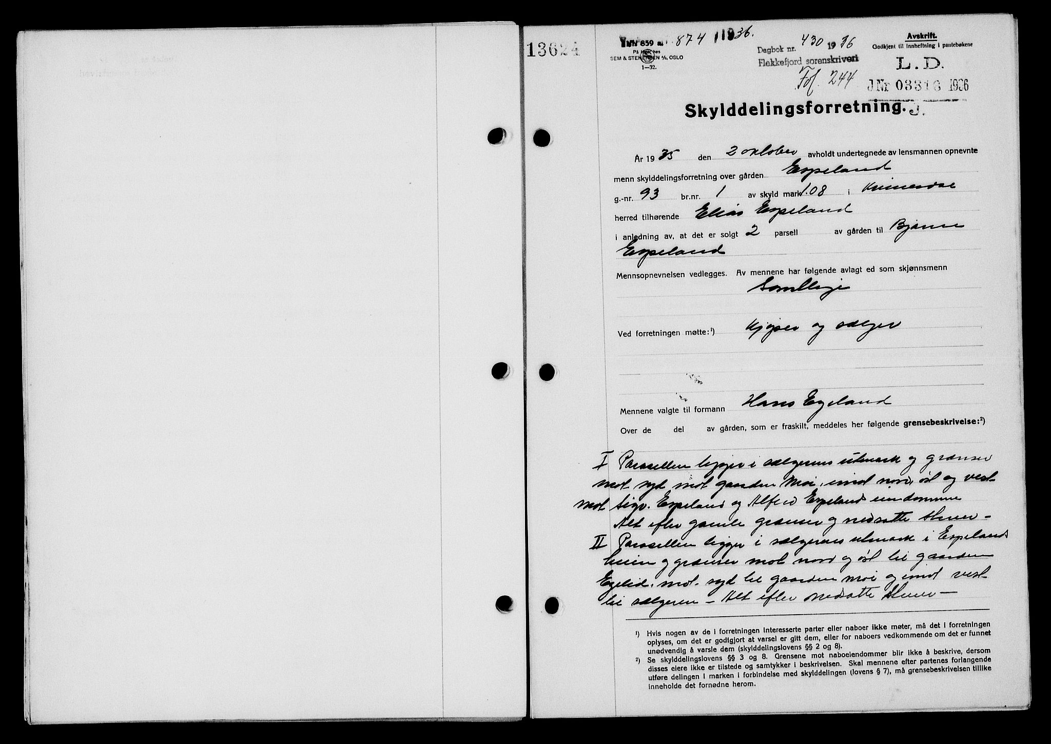 Flekkefjord sorenskriveri, SAK/1221-0001/G/Gb/Gba/L0053: Mortgage book no. A-1, 1936-1937, Diary no: : 430/1936