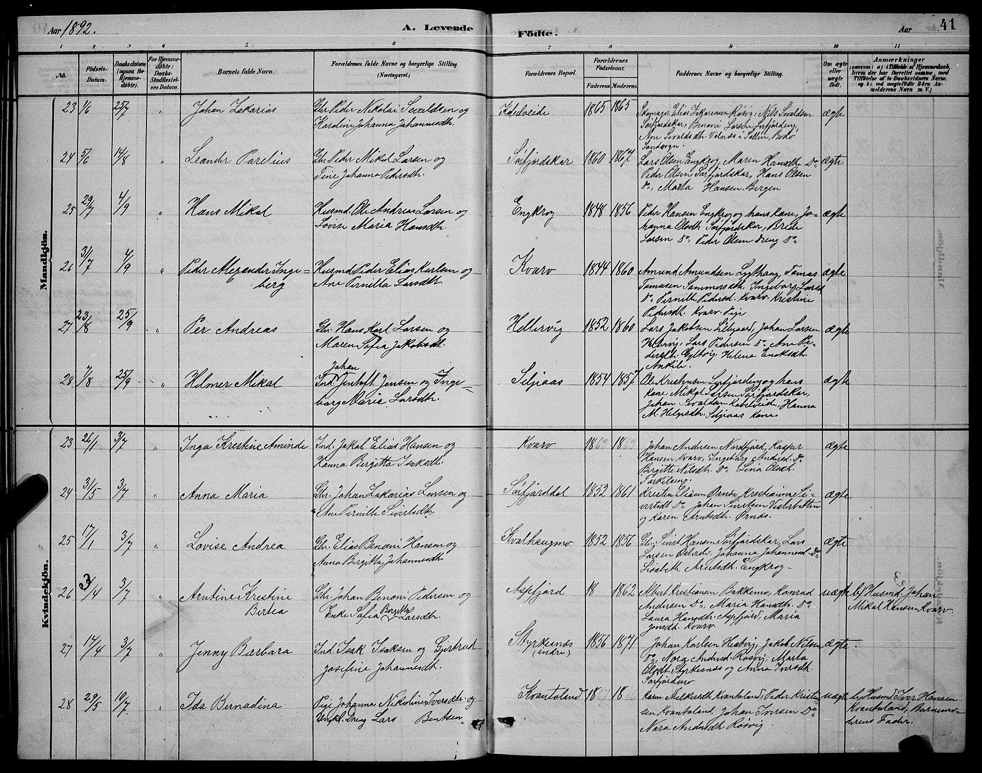 Ministerialprotokoller, klokkerbøker og fødselsregistre - Nordland, AV/SAT-A-1459/853/L0772: Parish register (official) no. 853A11, 1881-1900, p. 41