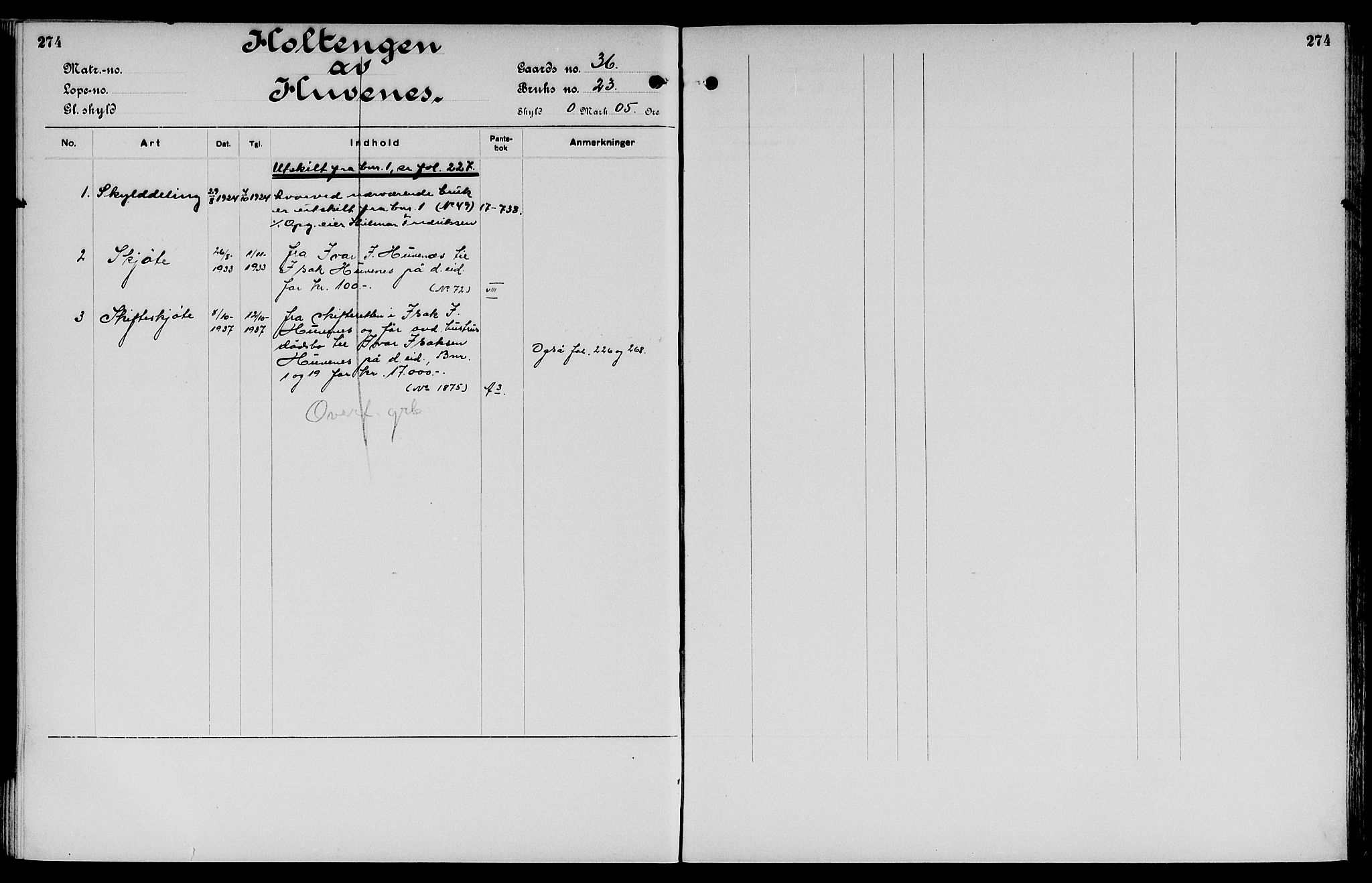 Vinger og Odal sorenskriveri, SAH/TING-022/H/Ha/Hac/Hacc/L0006: Mortgage register no. 3.6, 1923, p. 274
