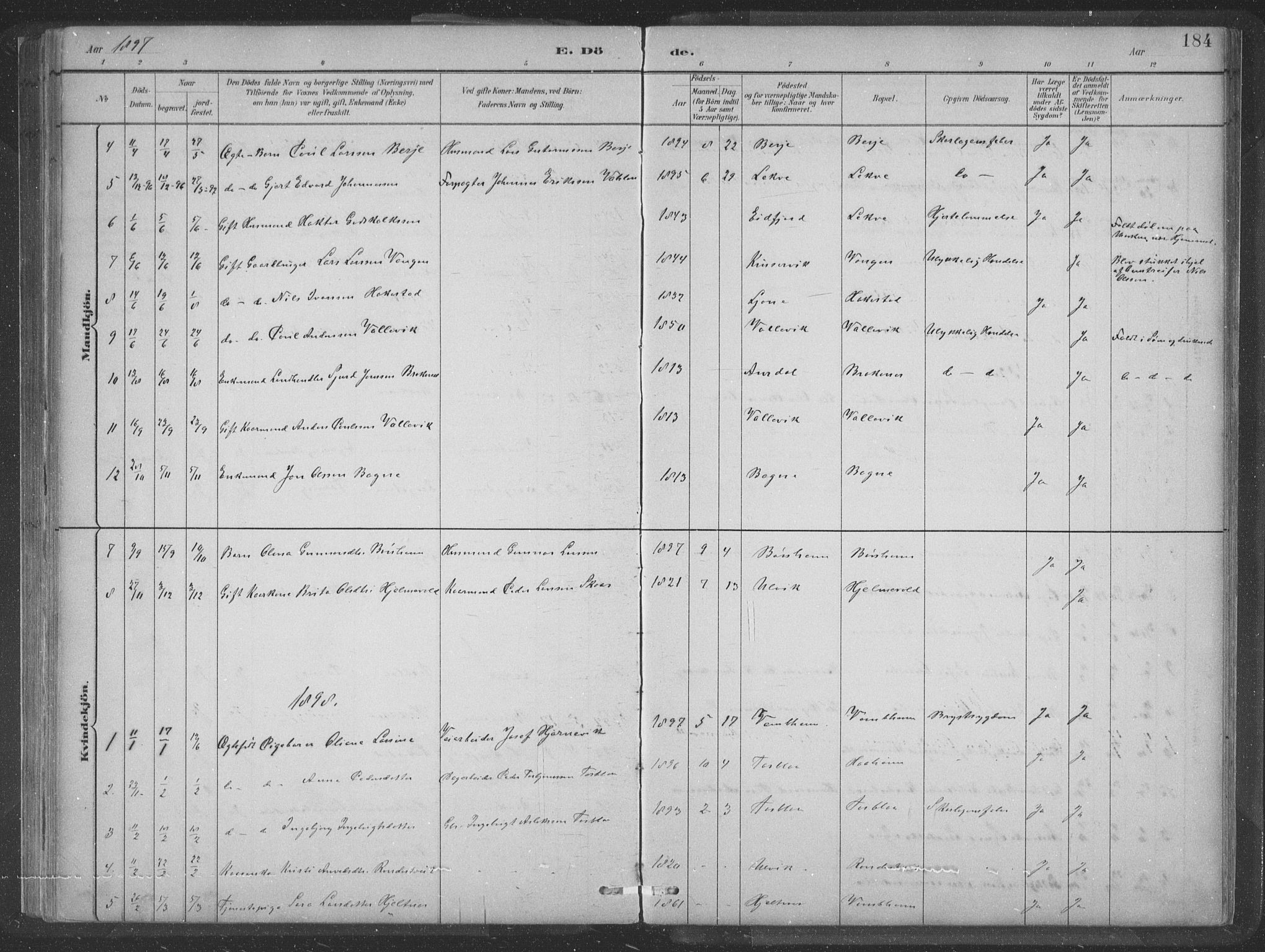 Ulvik sokneprestembete, SAB/A-78801/H/Hab: Parish register (copy) no. A 3, 1883-1908, p. 184
