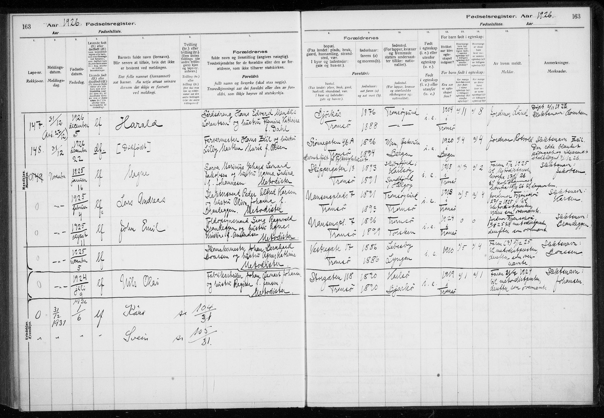 Tromsø sokneprestkontor/stiftsprosti/domprosti, AV/SATØ-S-1343/H/Ha/L0132: Birth register no. 132, 1921-1927, p. 163