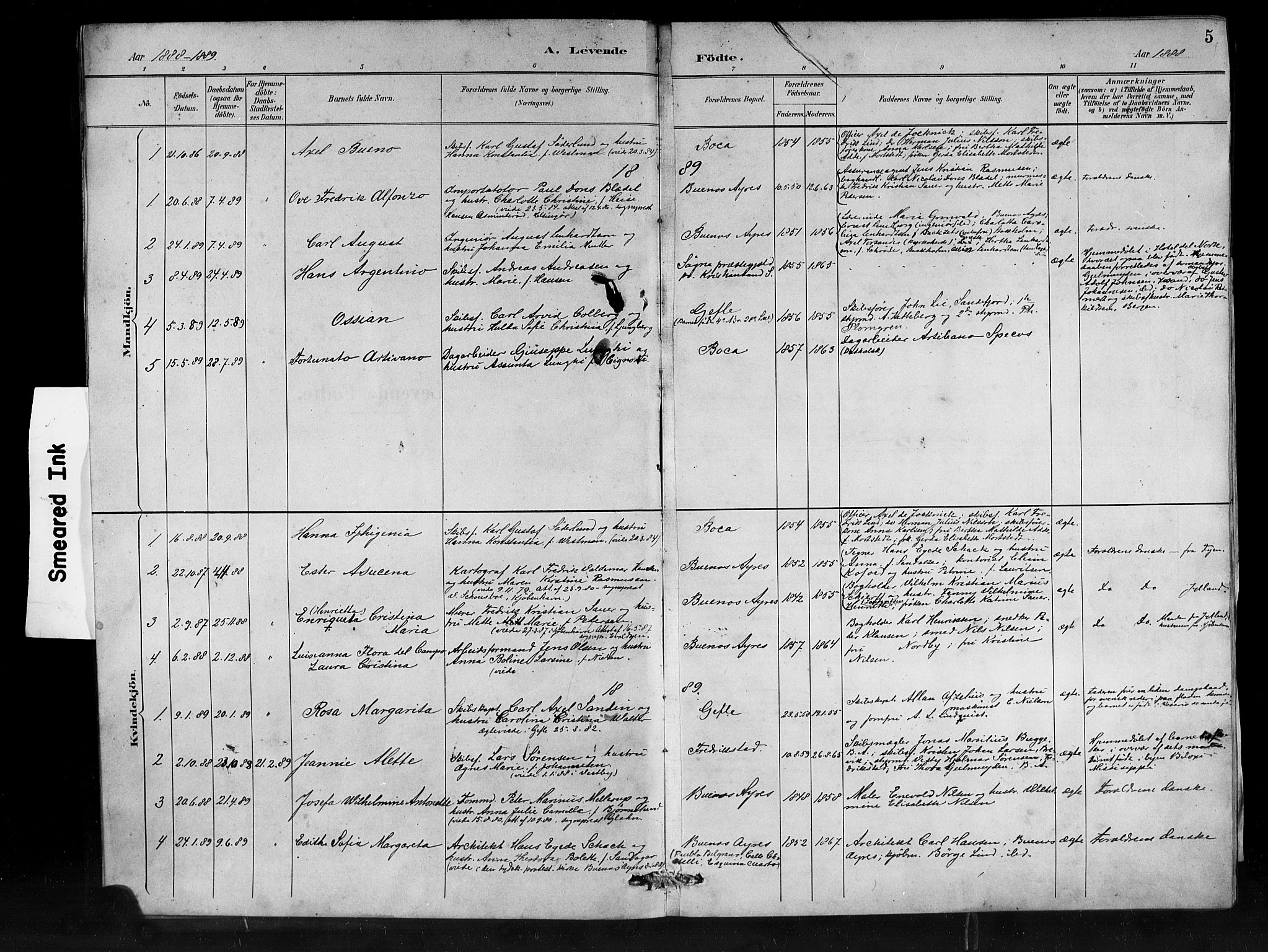 Den norske sjømannsmisjon i utlandet/Syd-Amerika (Buenos Aires m.fl.), SAB/SAB/PA-0118/H/Ha/L0001: Parish register (official) no. A 1, 1888-1898, p. 5
