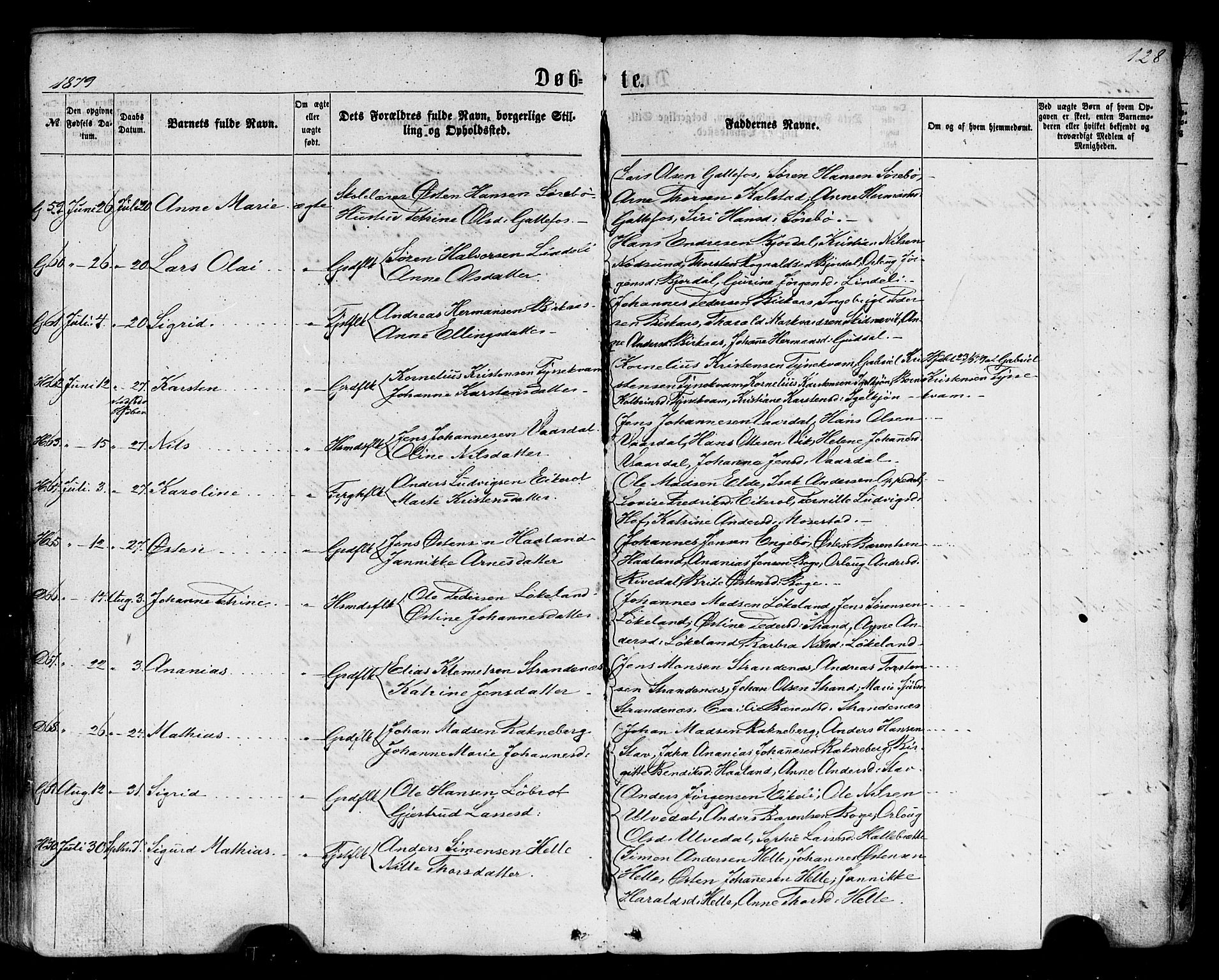 Fjaler sokneprestembete, AV/SAB-A-79801/H/Haa/Haaa/L0007: Parish register (official) no. A 7, 1862-1881, p. 128