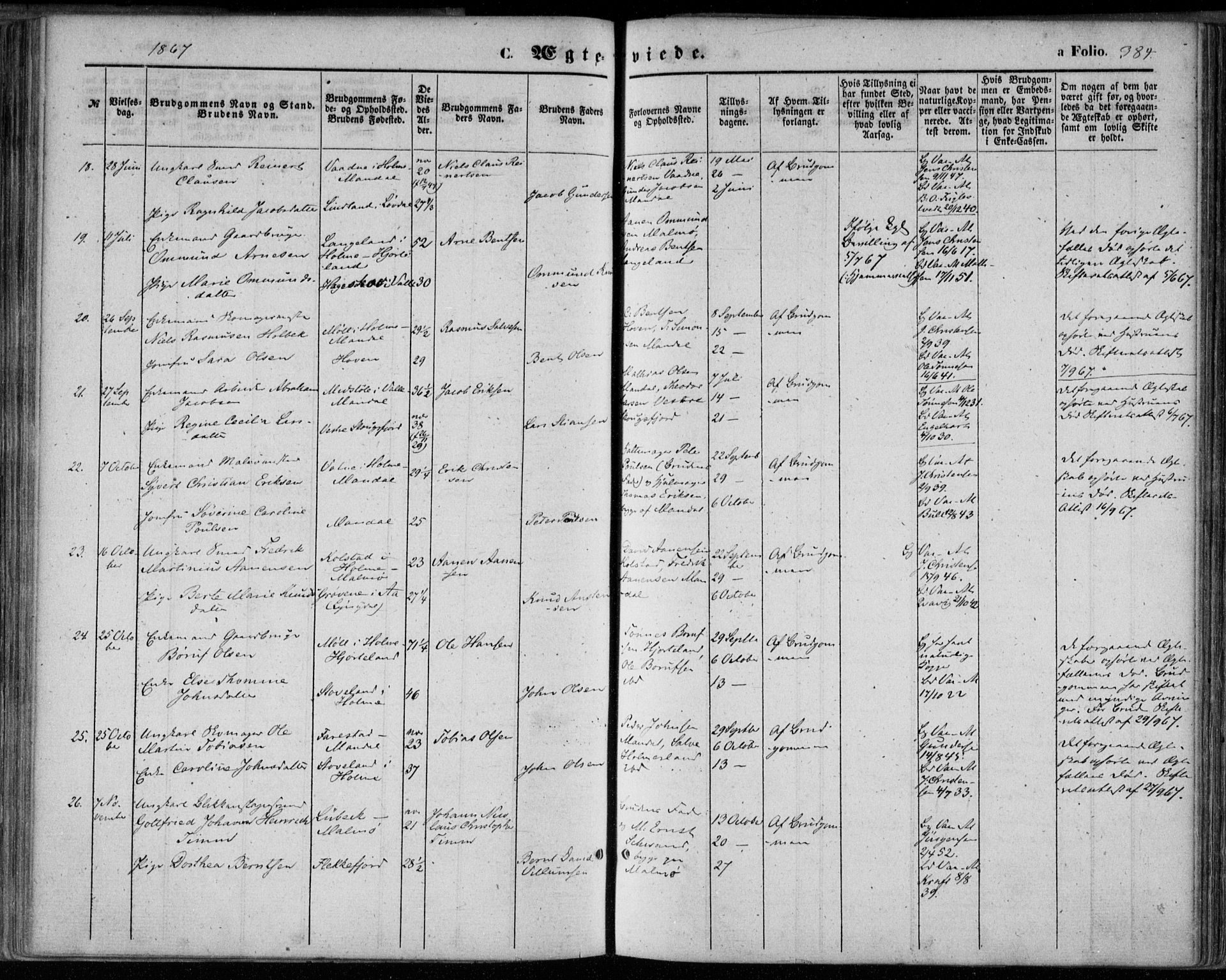 Mandal sokneprestkontor, AV/SAK-1111-0030/F/Fa/Faa/L0014: Parish register (official) no. A 14, 1859-1872, p. 384