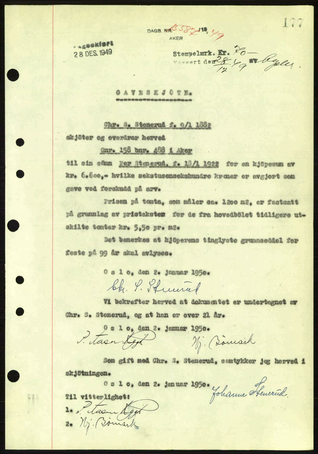 Oslo byskriverembete, AV/SAO-A-10227/G/Gb/Gbd/Gbda/L0017: Mortgage book no. A215, 1949-1950, Diary no: : 15587/1949