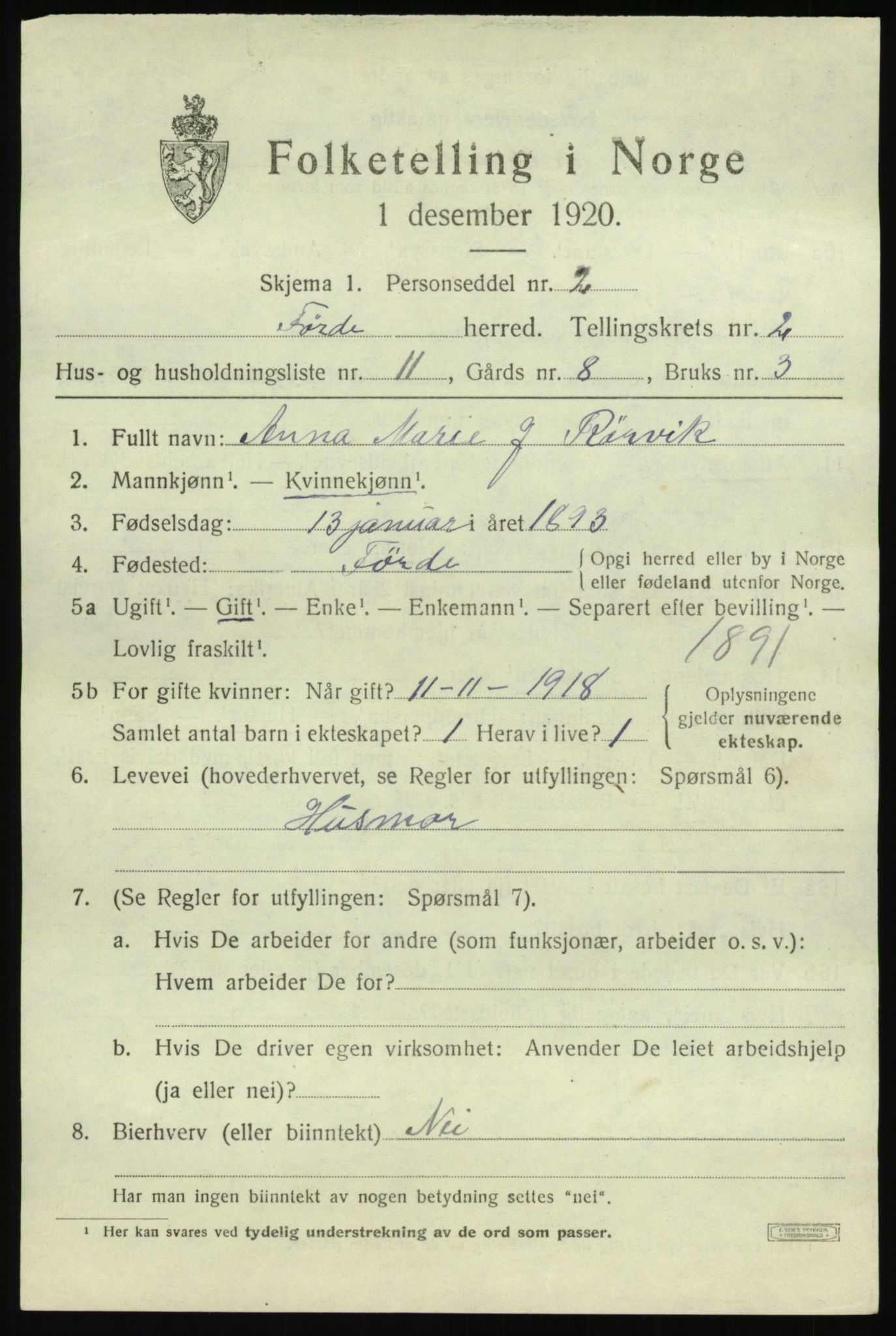 SAB, 1920 census for Førde, 1920, p. 1534