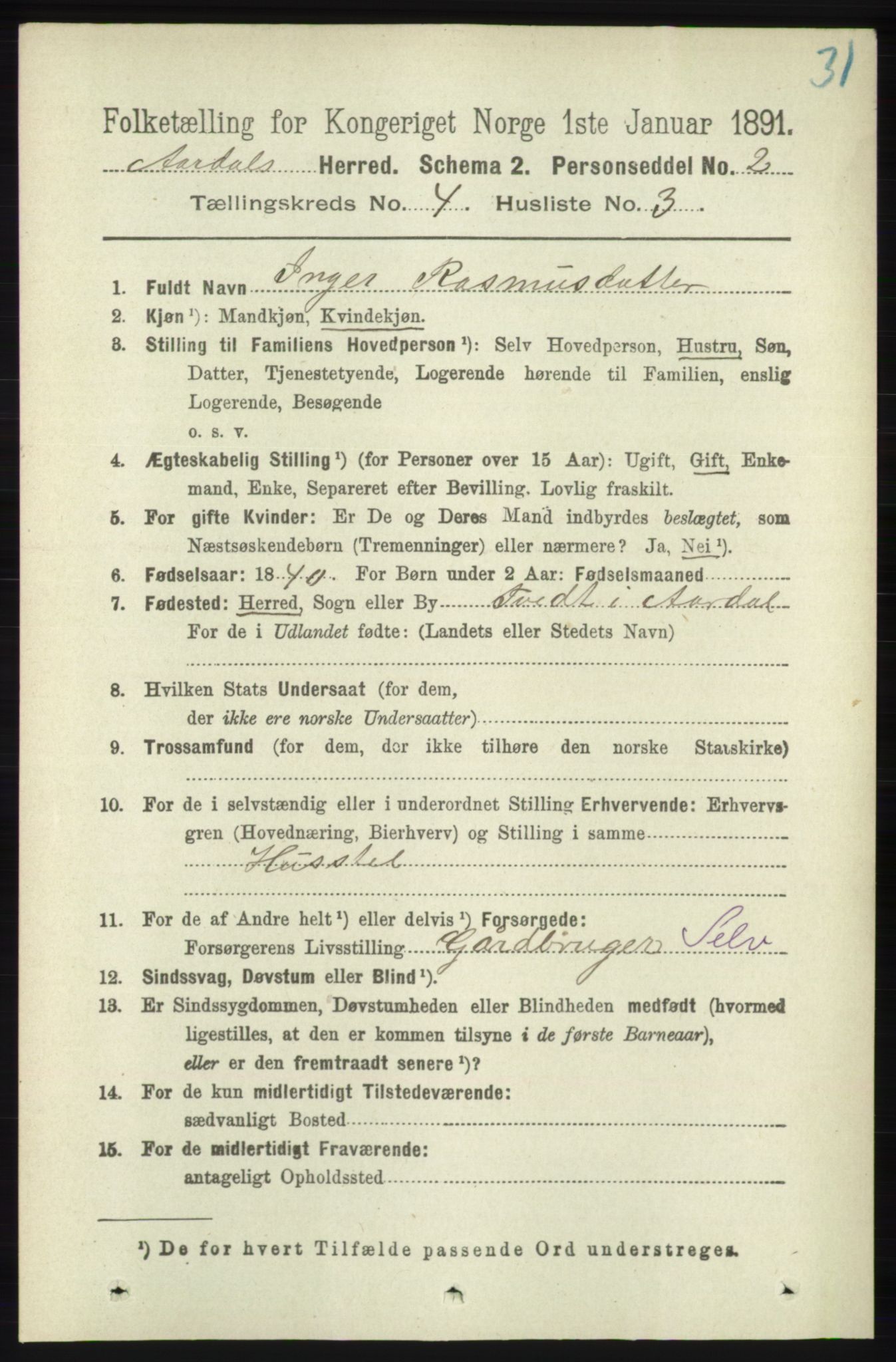 RA, 1891 census for 1131 Årdal, 1891, p. 1098