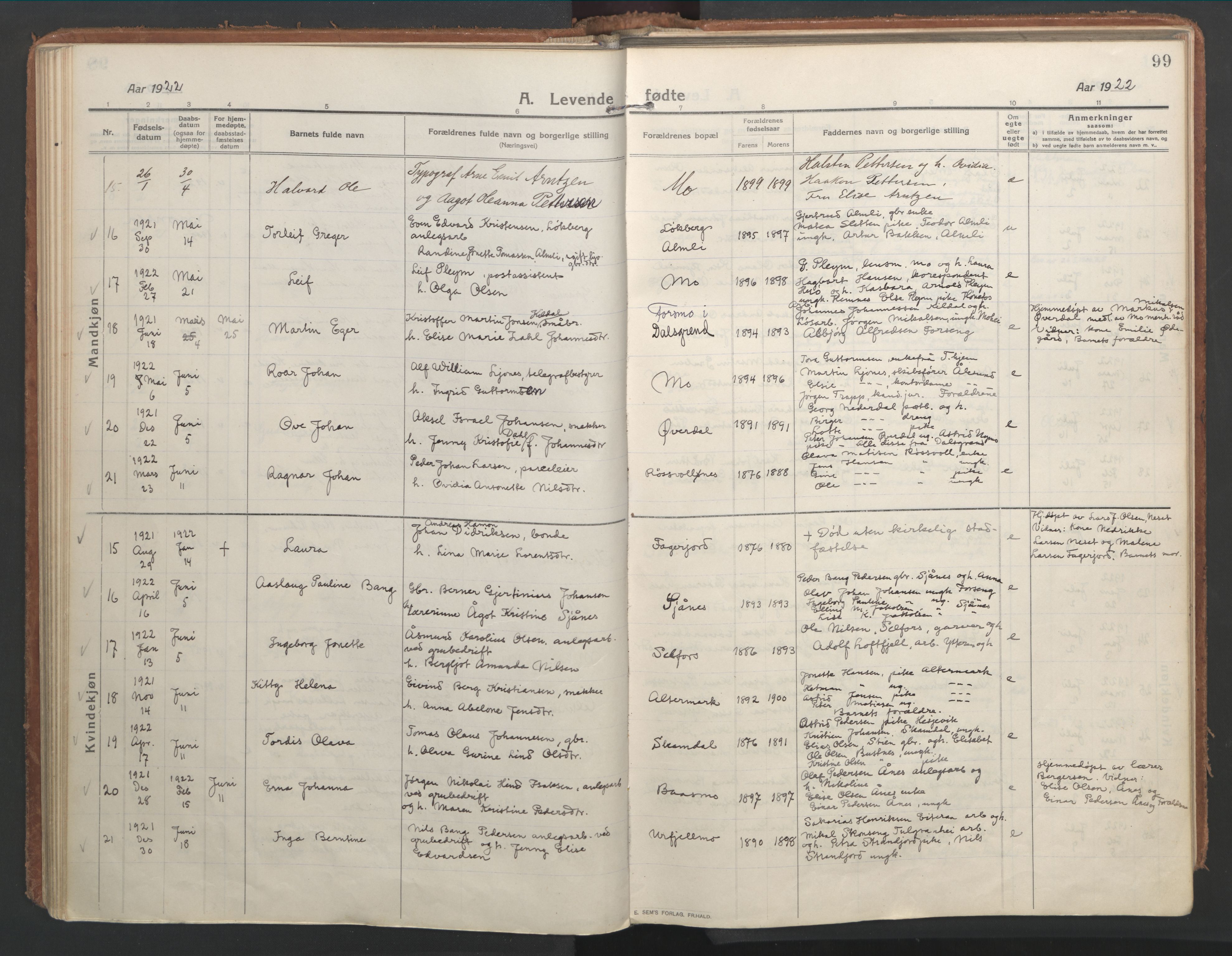 Ministerialprotokoller, klokkerbøker og fødselsregistre - Nordland, AV/SAT-A-1459/827/L0404: Parish register (official) no. 827A16, 1912-1925, p. 99