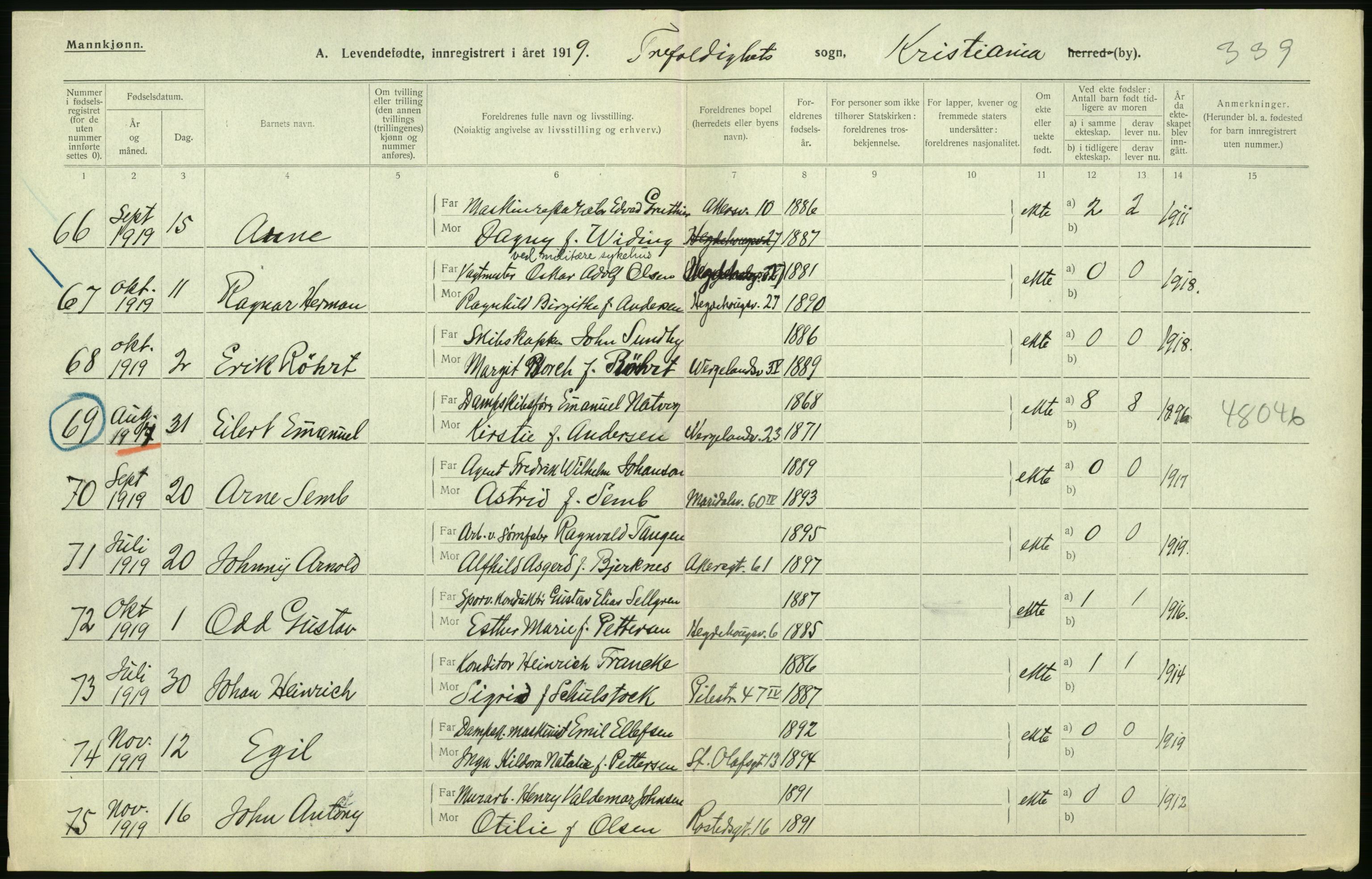 Statistisk sentralbyrå, Sosiodemografiske emner, Befolkning, AV/RA-S-2228/D/Df/Dfb/Dfbi/L0007: Kristiania: Levendefødte menn og kvinner., 1919, p. 338