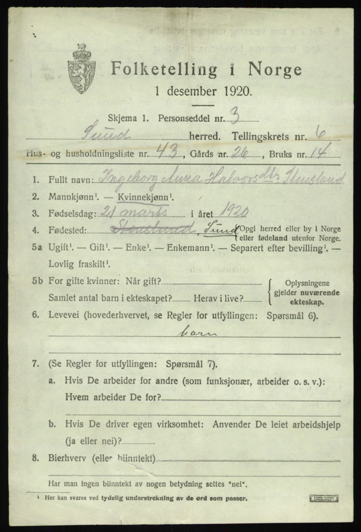 SAB, 1920 census for Sund, 1920, p. 4409