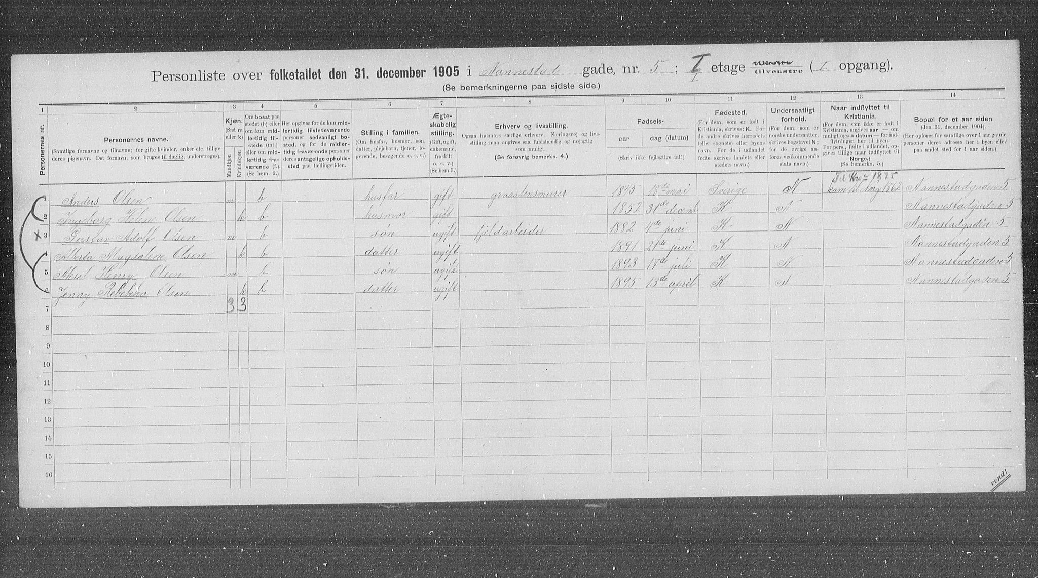 OBA, Municipal Census 1905 for Kristiania, 1905, p. 36261