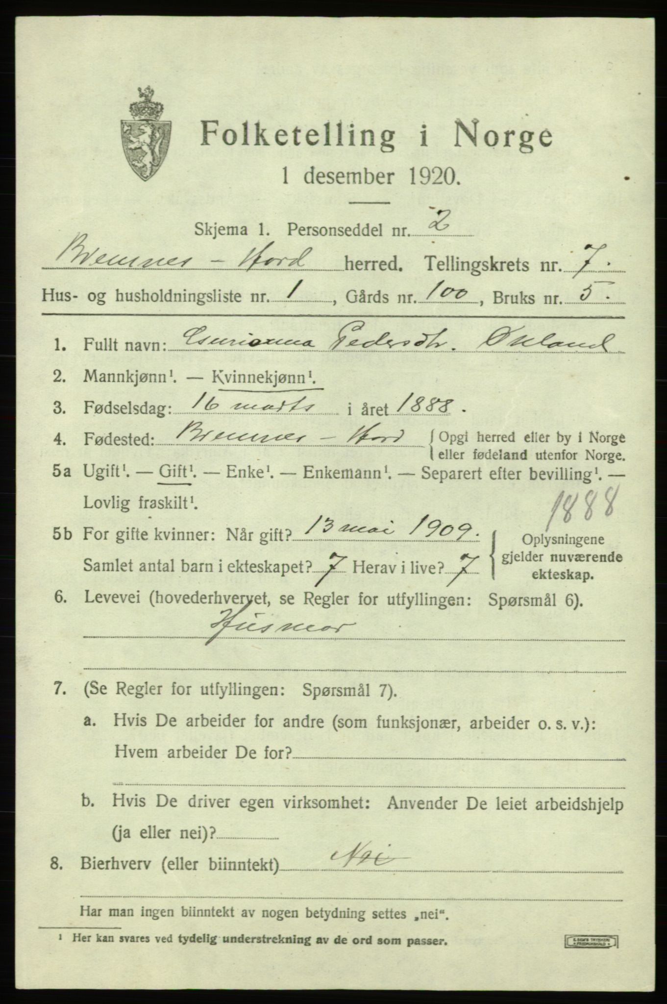 SAB, 1920 census for Bremnes, 1920, p. 4010