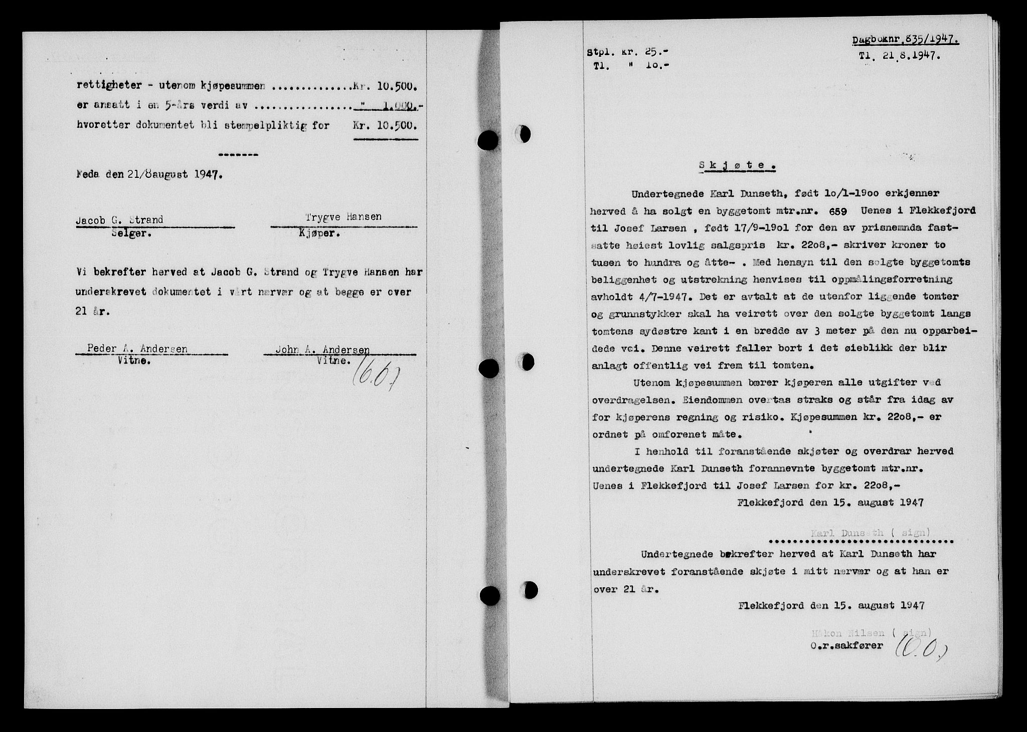 Flekkefjord sorenskriveri, SAK/1221-0001/G/Gb/Gba/L0062: Mortgage book no. A-10, 1947-1947, Diary no: : 835/1947