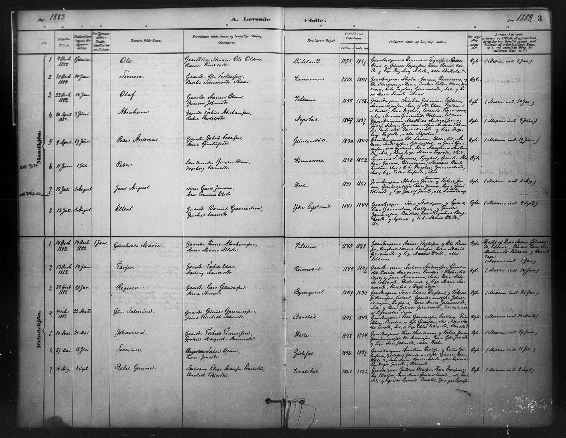 Nord-Audnedal sokneprestkontor, AV/SAK-1111-0032/F/Fa/Faa/L0003: Parish register (official) no. A 3, 1882-1900, p. 3