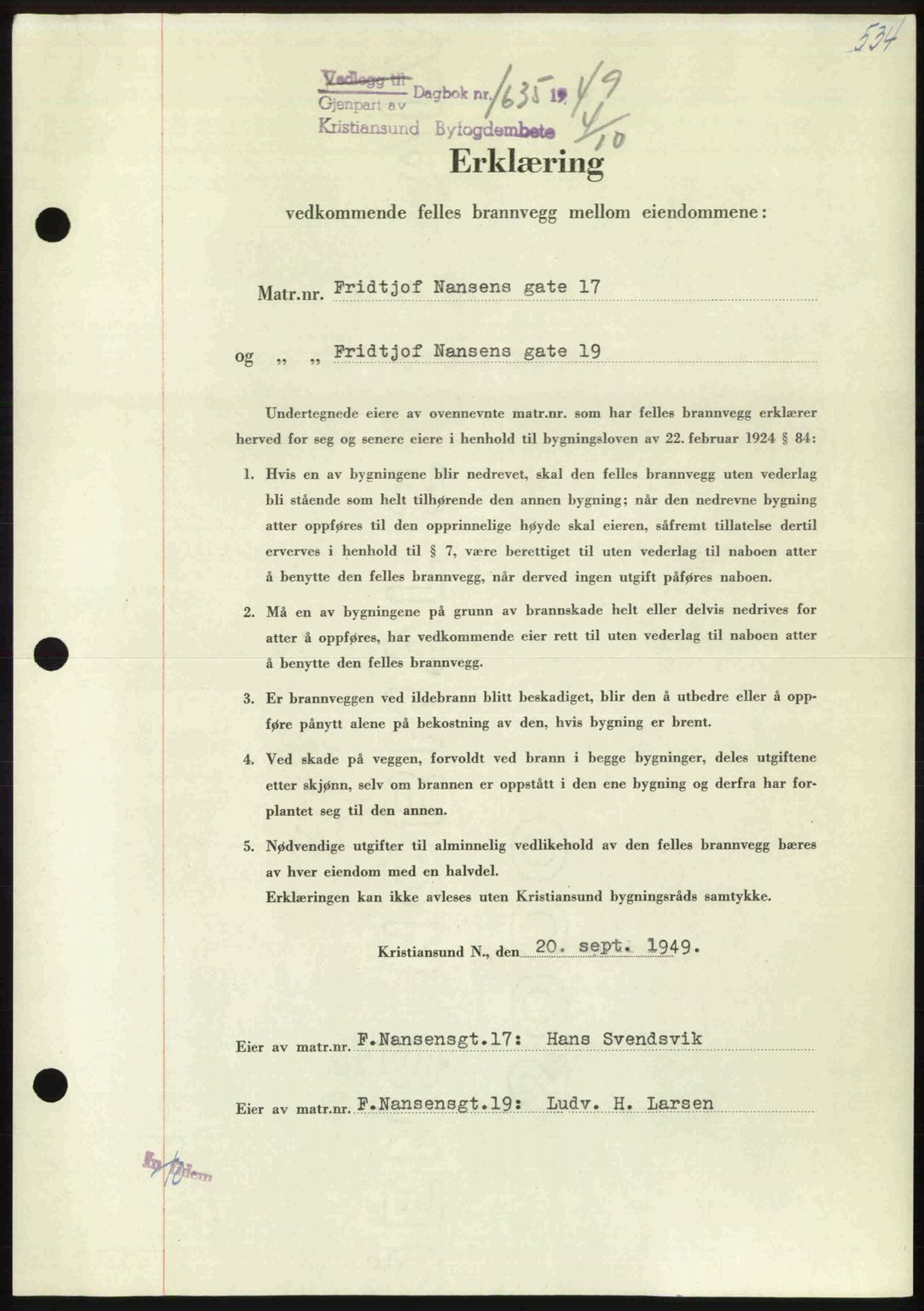 Kristiansund byfogd, AV/SAT-A-4587/A/27: Mortgage book no. 45, 1948-1949, Diary no: : 1635/1949