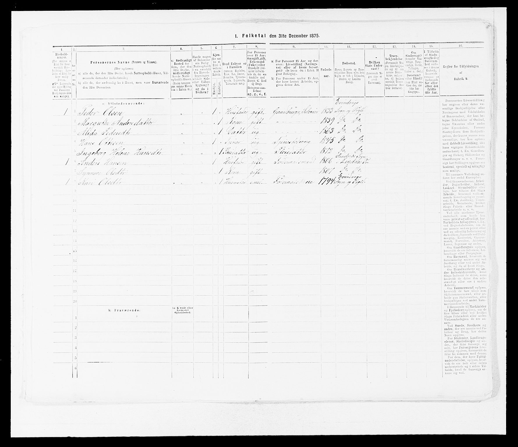 SAB, 1875 census for 1411P Eivindvik, 1875, p. 121