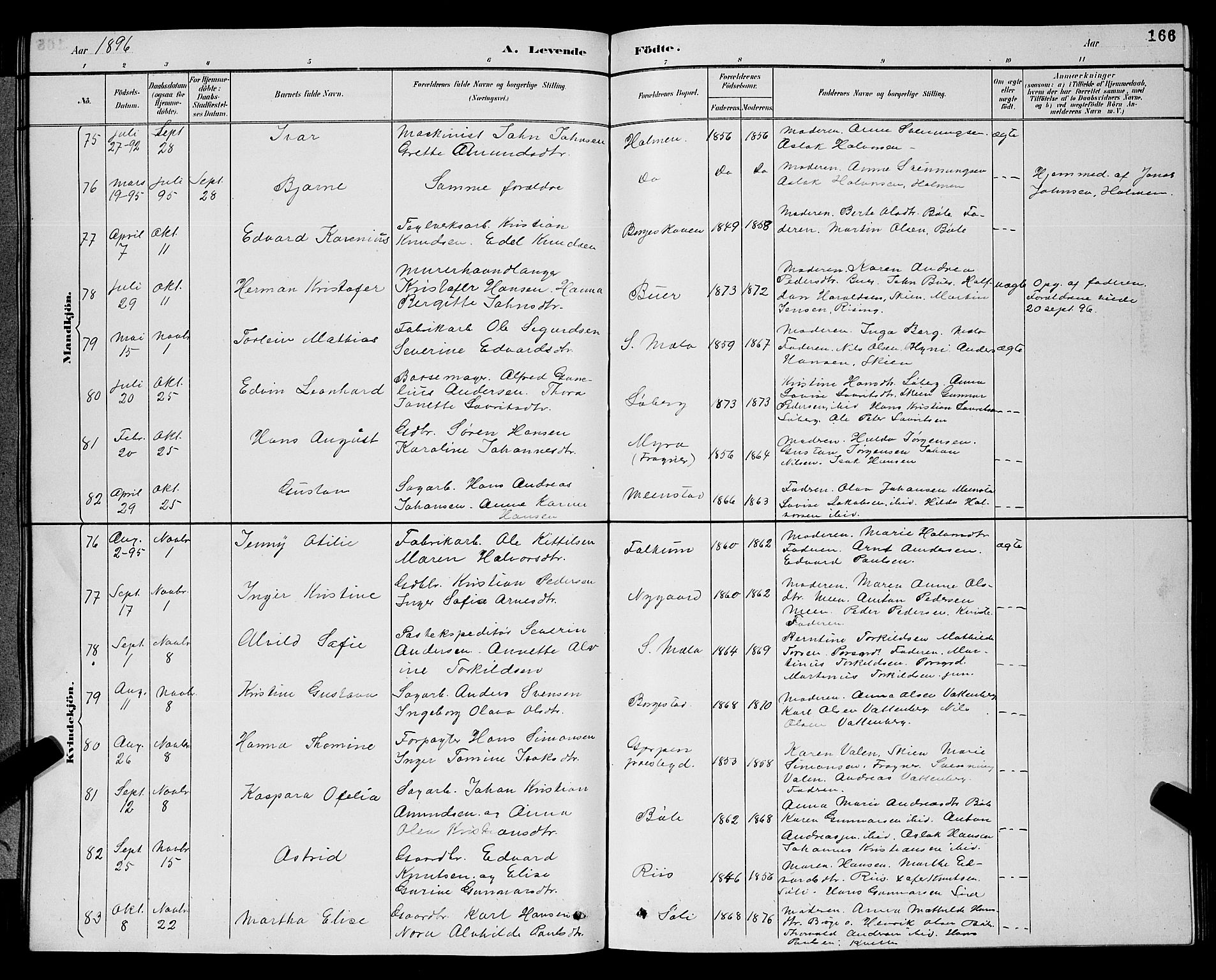 Gjerpen kirkebøker, SAKO/A-265/G/Ga/L0002: Parish register (copy) no. I 2, 1883-1900, p. 166