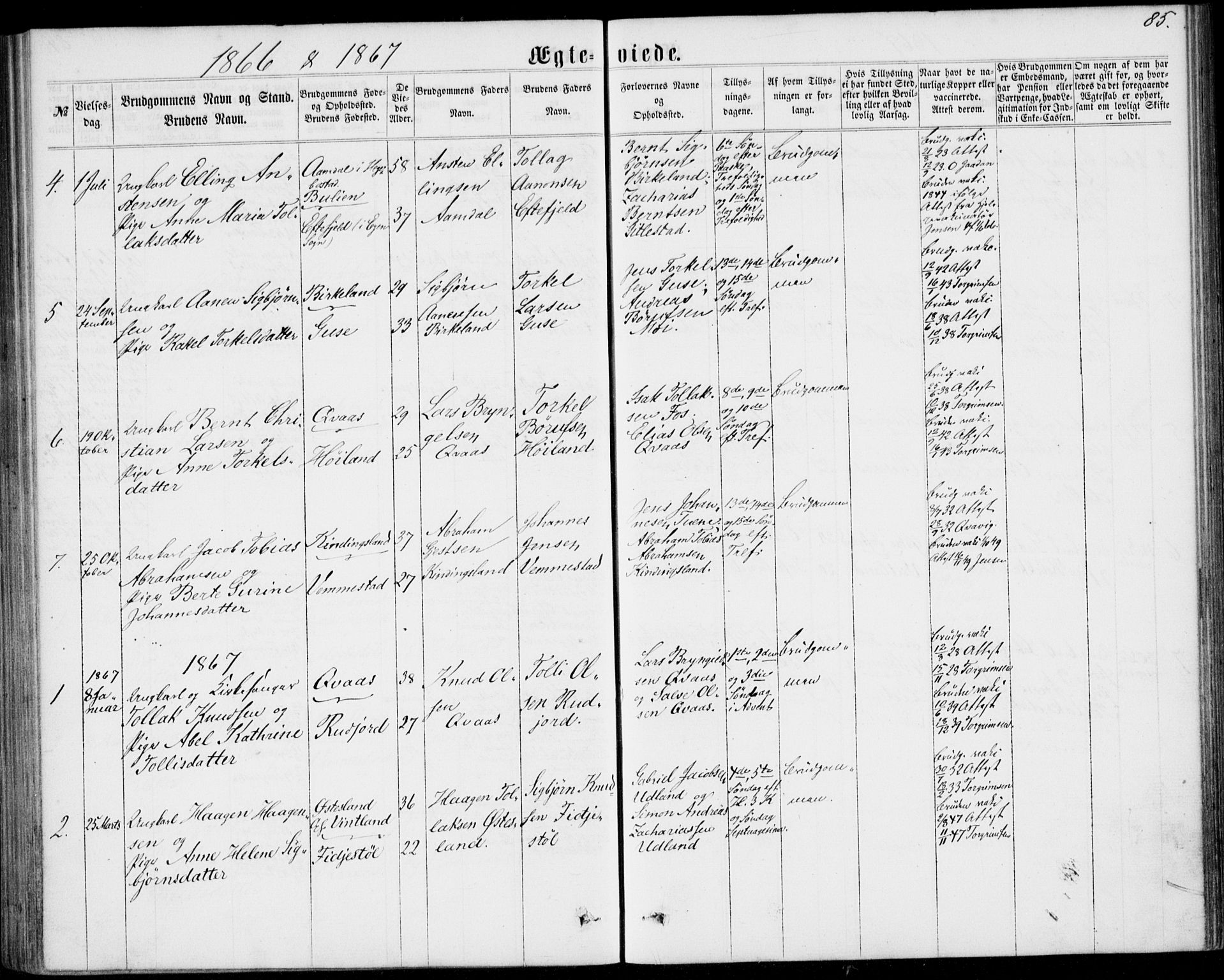 Lyngdal sokneprestkontor, SAK/1111-0029/F/Fa/Fab/L0002: Parish register (official) no. A 2, 1861-1878, p. 85