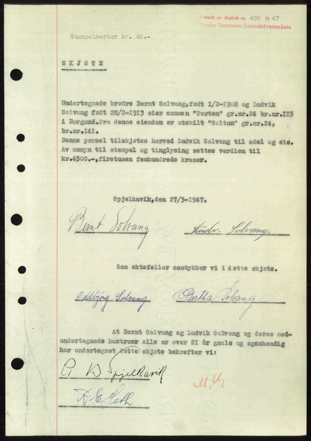 Nordre Sunnmøre sorenskriveri, AV/SAT-A-0006/1/2/2C/2Ca: Mortgage book no. A24, 1947-1947, Diary no: : 495/1947