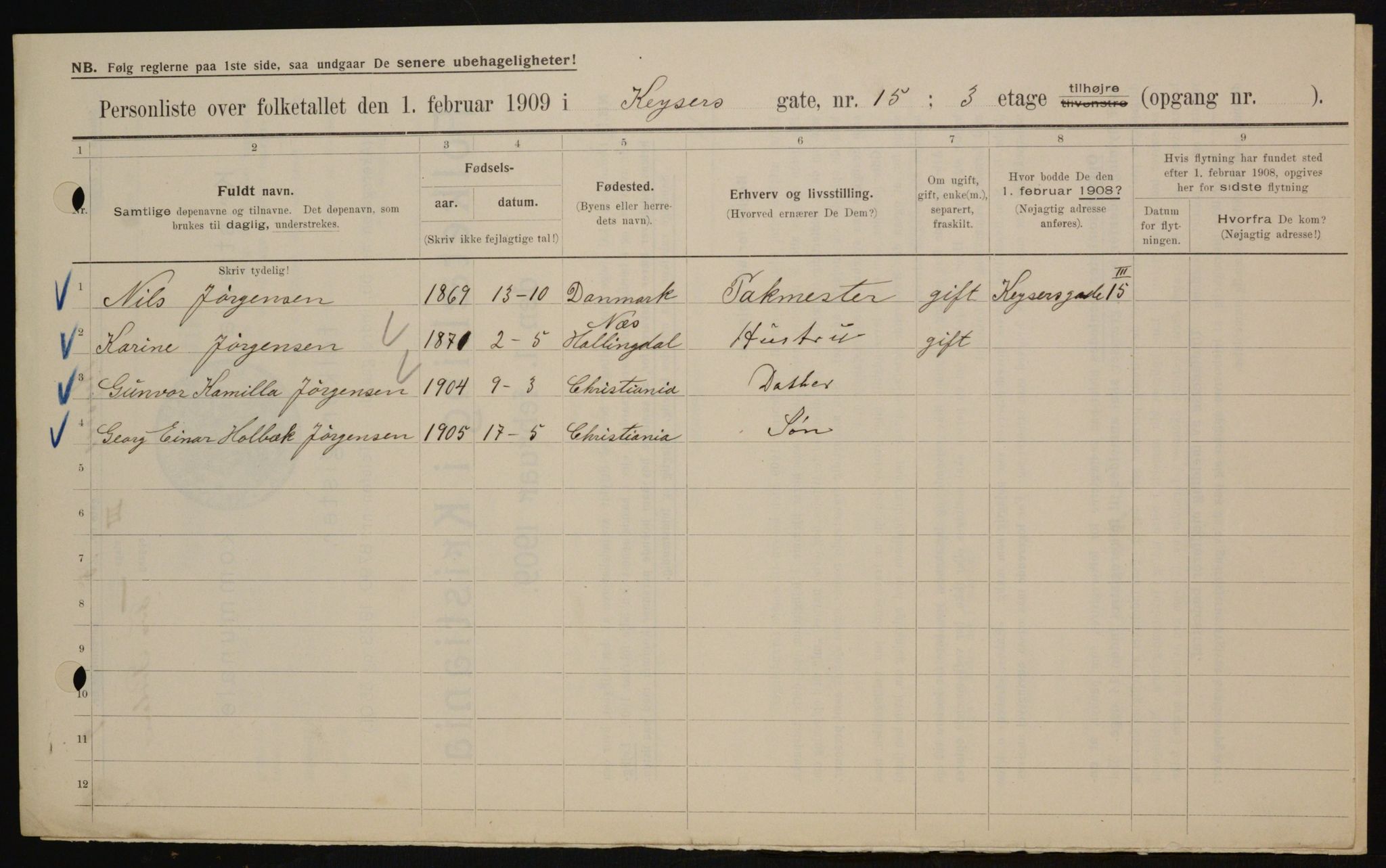 OBA, Municipal Census 1909 for Kristiania, 1909, p. 45045