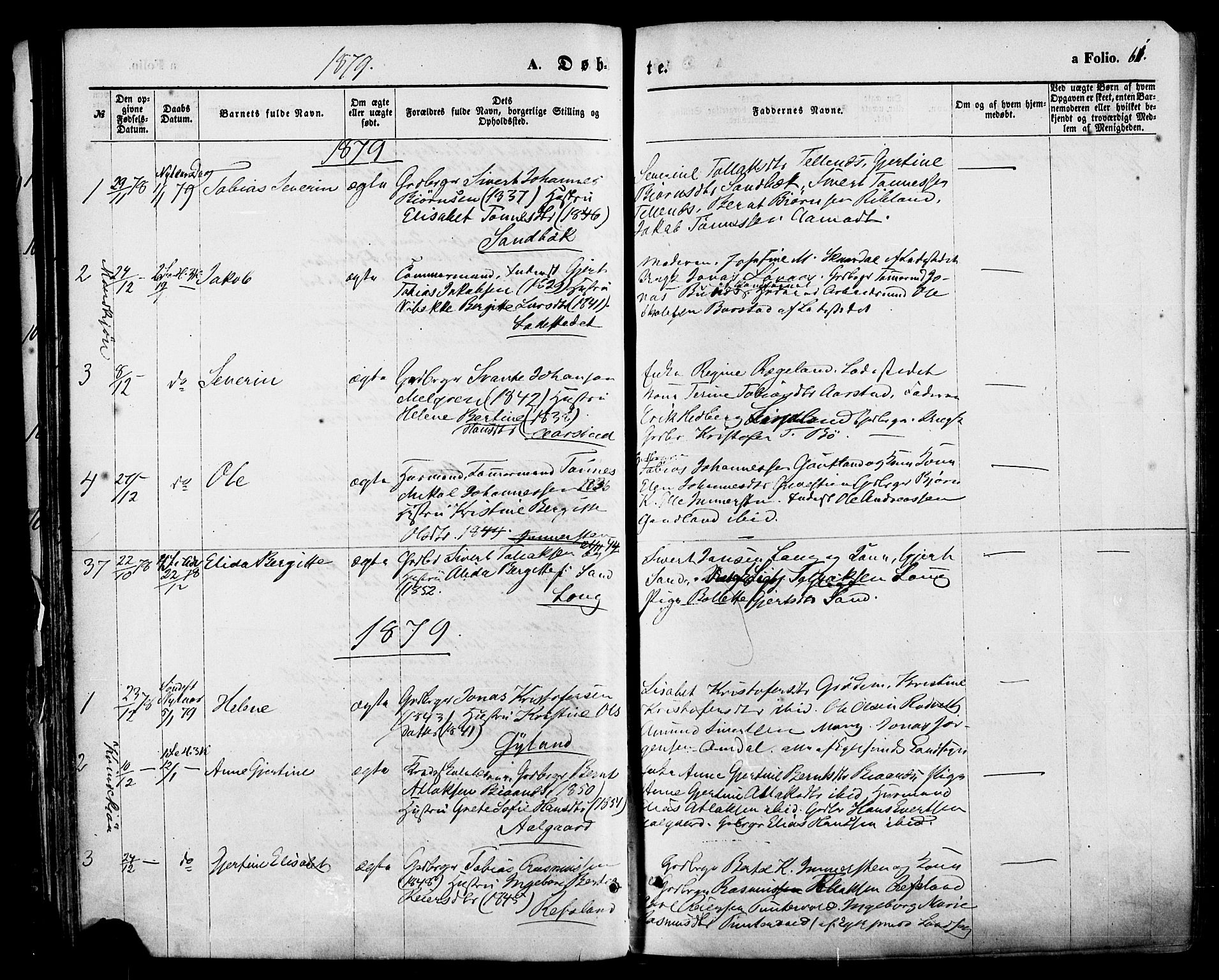 Sokndal sokneprestkontor, AV/SAST-A-101808: Parish register (official) no. A 10, 1874-1886, p. 61