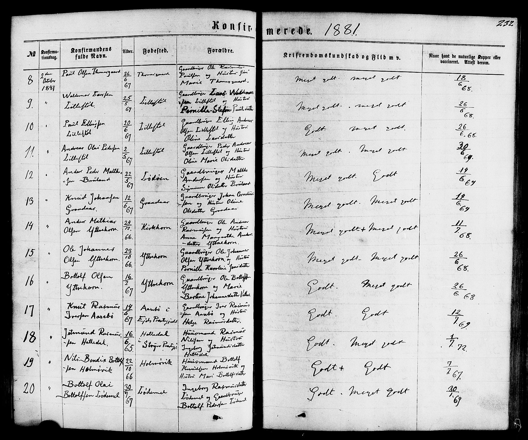 Hornindal sokneprestembete, AV/SAB-A-82401/H/Haa/Haaa/L0002: Parish register (official) no. A 2, 1867-1884, p. 232