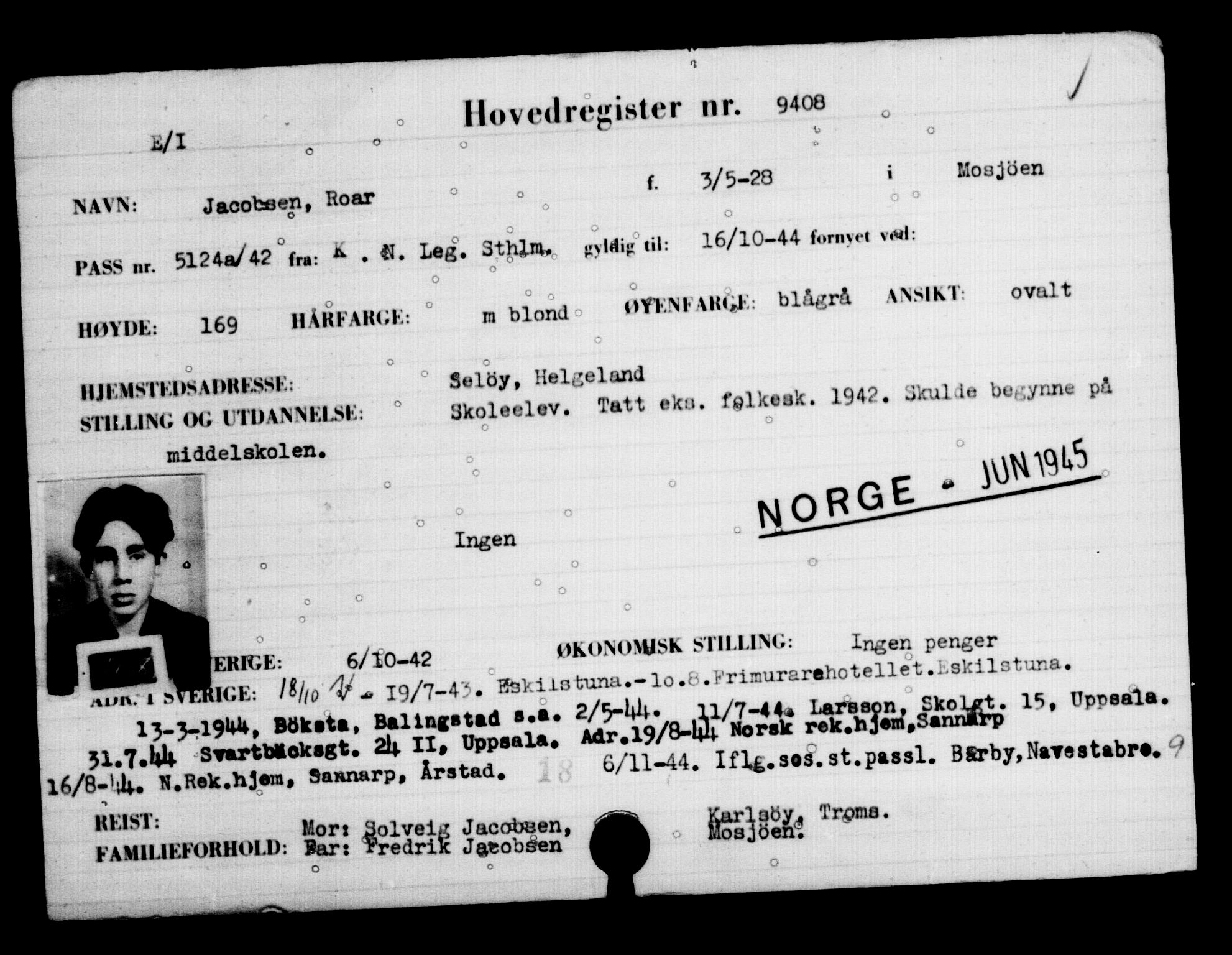 Utenriksstasjonene, Legasjonen i Stockholm, Flyktningkontoret, AV/RA-S-6753/V/Va/L0006: Kjesäterkartoteket, flyktninger med registreringsnr. 9400-12711, 1940-1945, p. 10