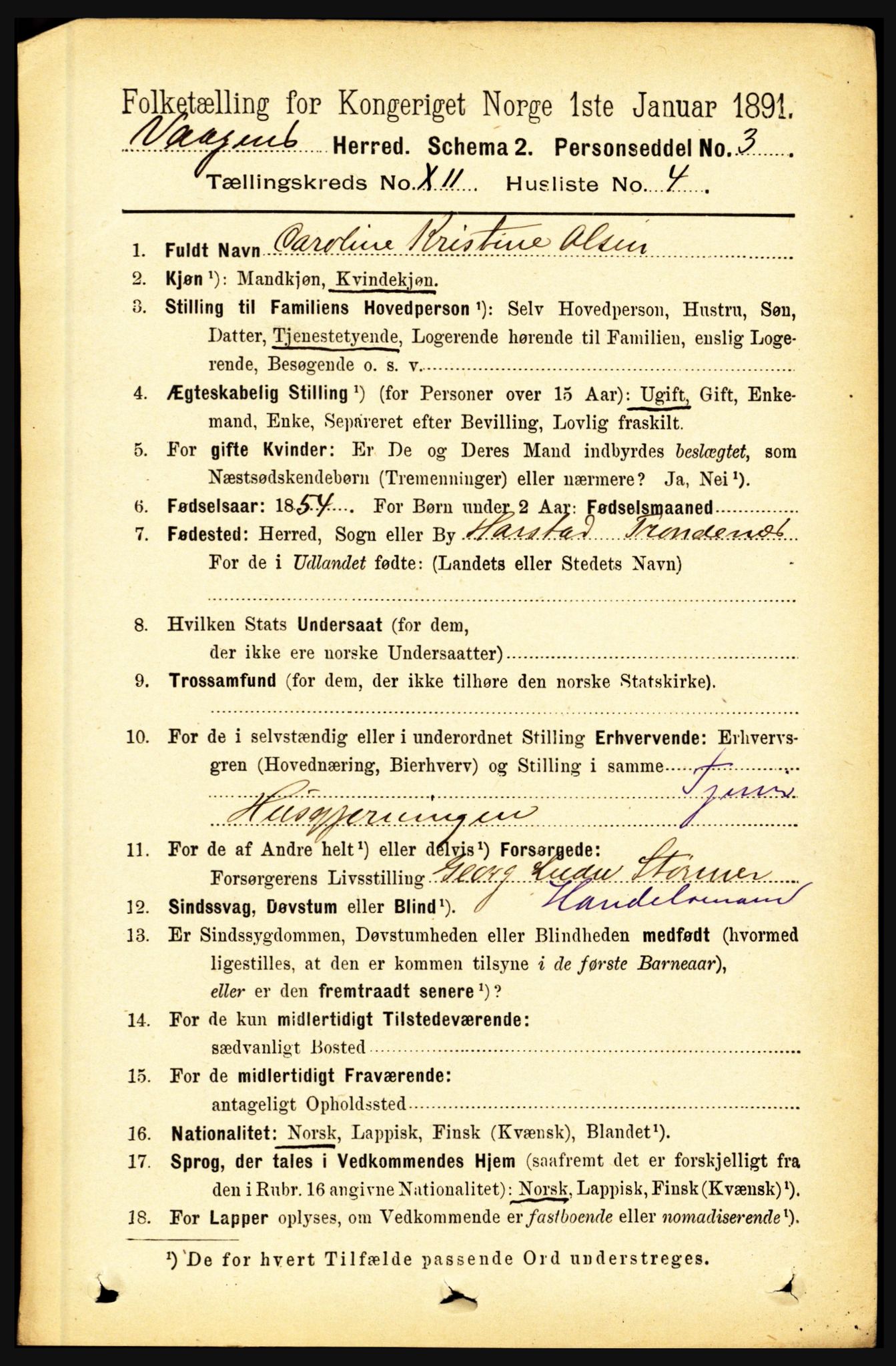 RA, 1891 census for 1865 Vågan, 1891, p. 2915