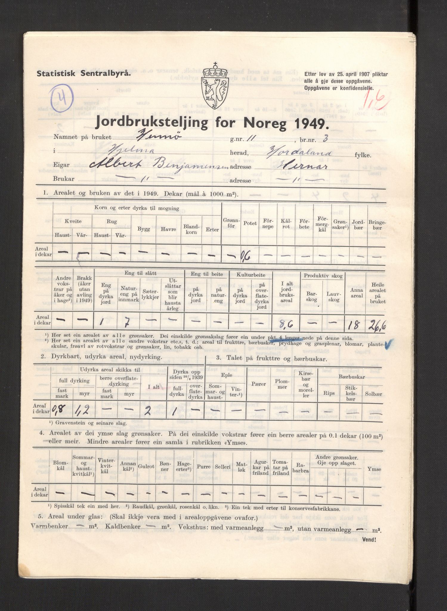 Statistisk sentralbyrå, Næringsøkonomiske emner, Jordbruk, skogbruk, jakt, fiske og fangst, AV/RA-S-2234/G/Gc/L0276: Hordaland: Herdla og Hjelme, 1949, p. 1164