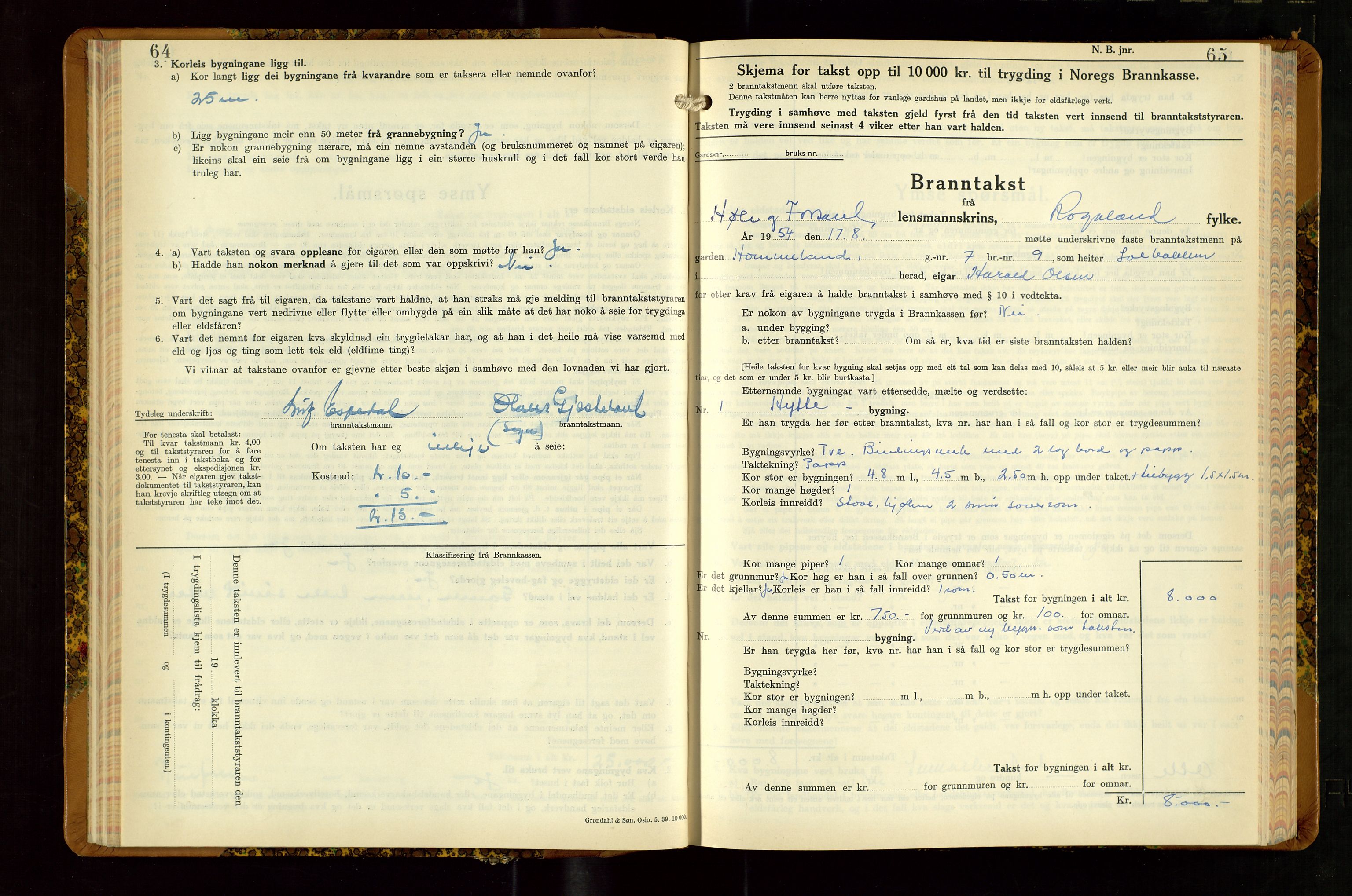 Høle og Forsand lensmannskontor, SAST/A-100127/Gob/L0002: "Branntakstbok" - skjematakst, 1941-1955, p. 64-65