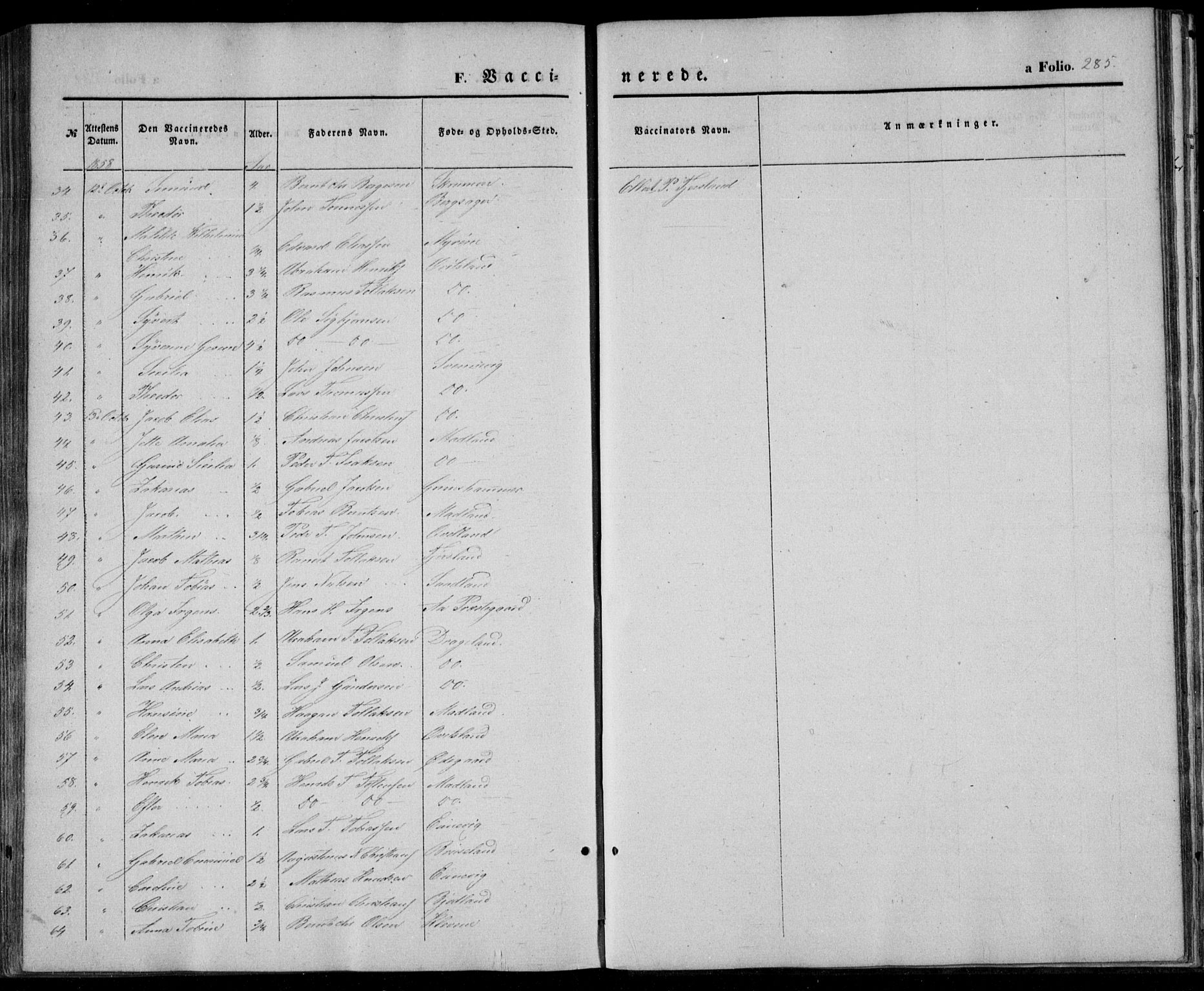 Lyngdal sokneprestkontor, AV/SAK-1111-0029/F/Fa/Fac/L0009: Parish register (official) no. A 9, 1852-1864, p. 285