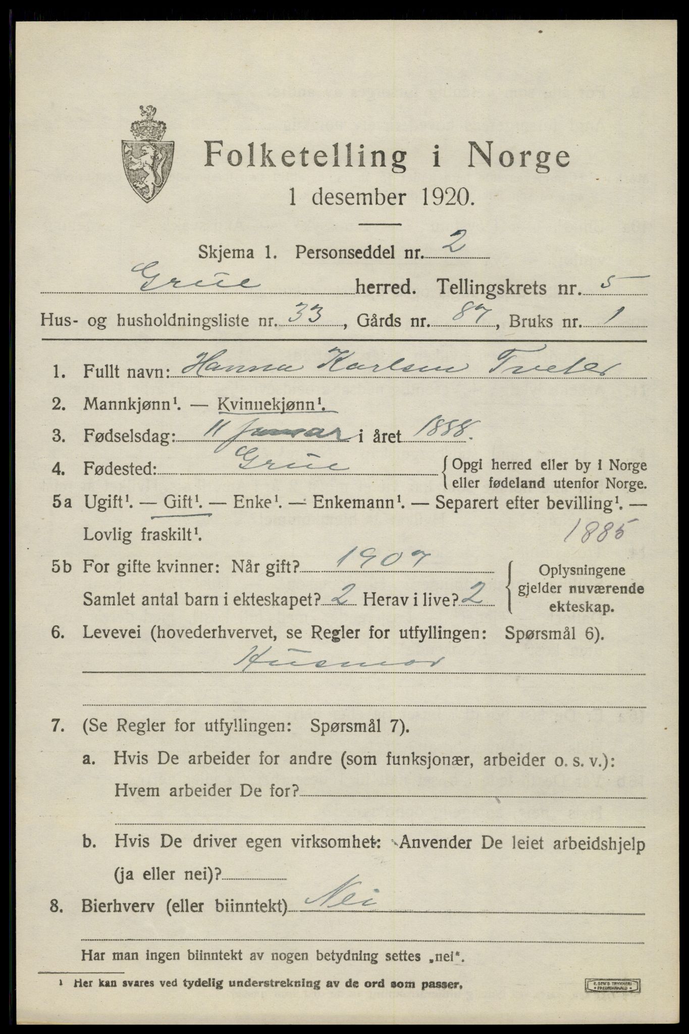 SAH, 1920 census for Grue, 1920, p. 5525