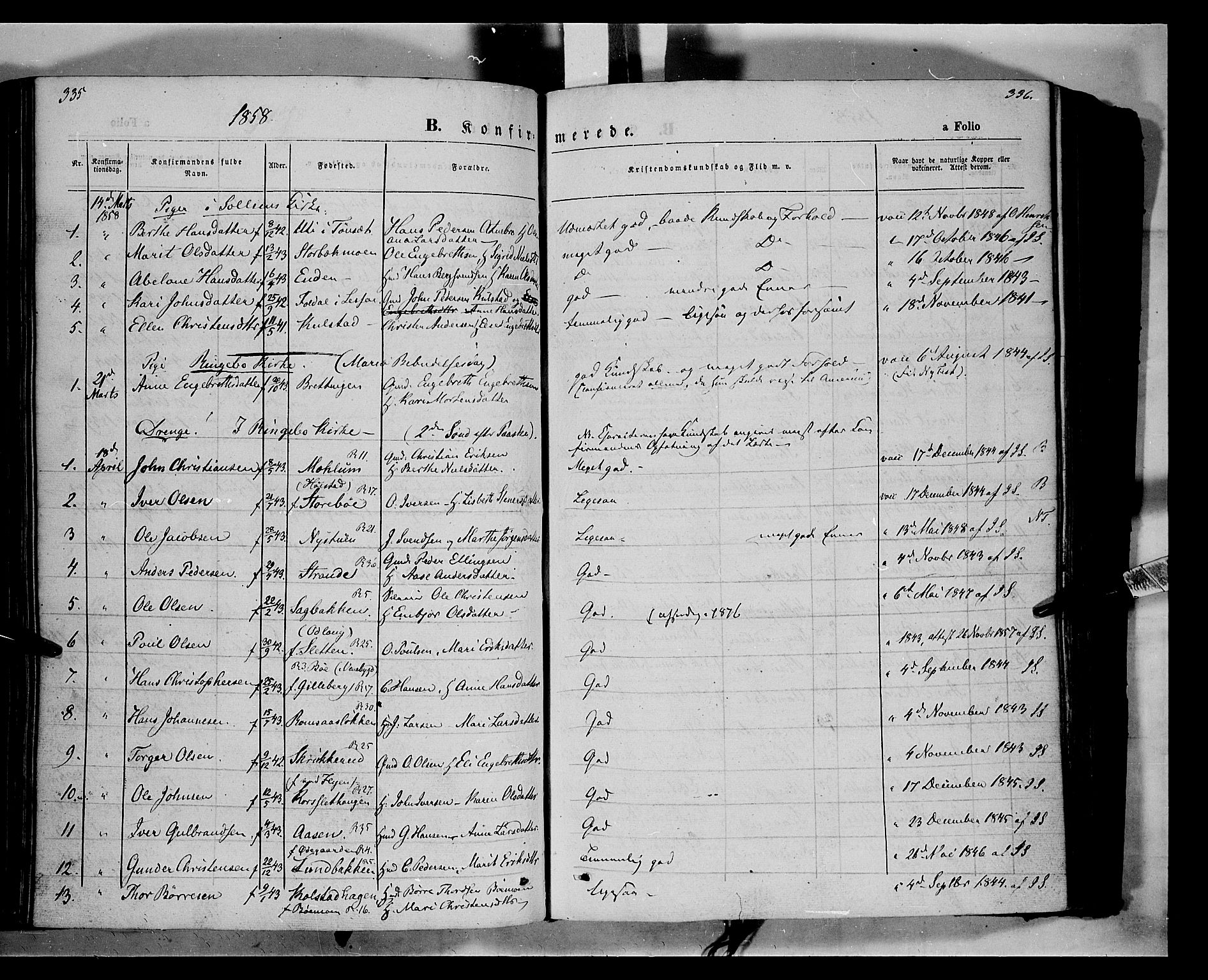 Ringebu prestekontor, SAH/PREST-082/H/Ha/Haa/L0006: Parish register (official) no. 6, 1848-1859, p. 335-336