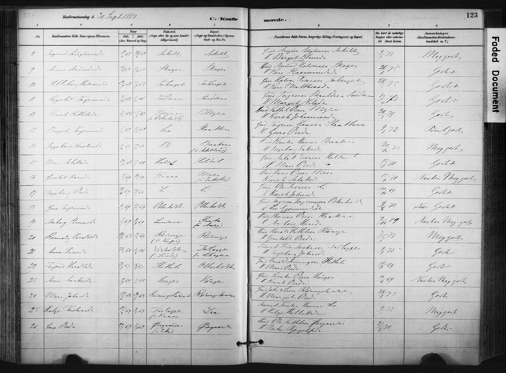 Bø kirkebøker, SAKO/A-257/F/Fa/L0010: Parish register (official) no. 10, 1880-1892, p. 123