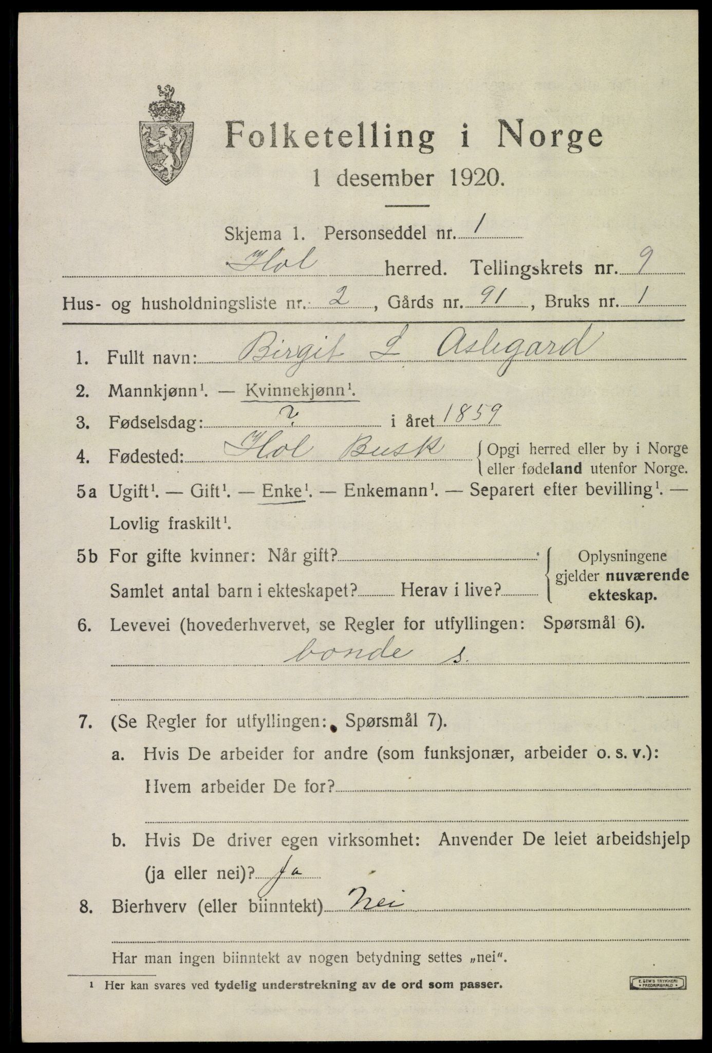 SAKO, 1920 census for Hol (Buskerud), 1920, p. 4935