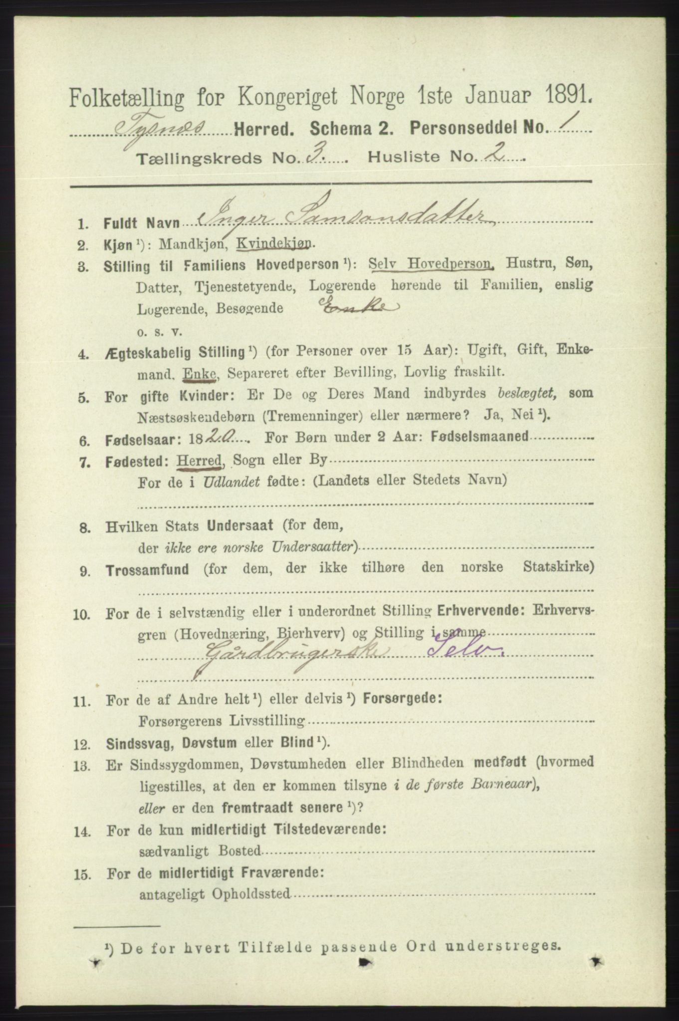 RA, 1891 census for 1223 Tysnes, 1891, p. 846